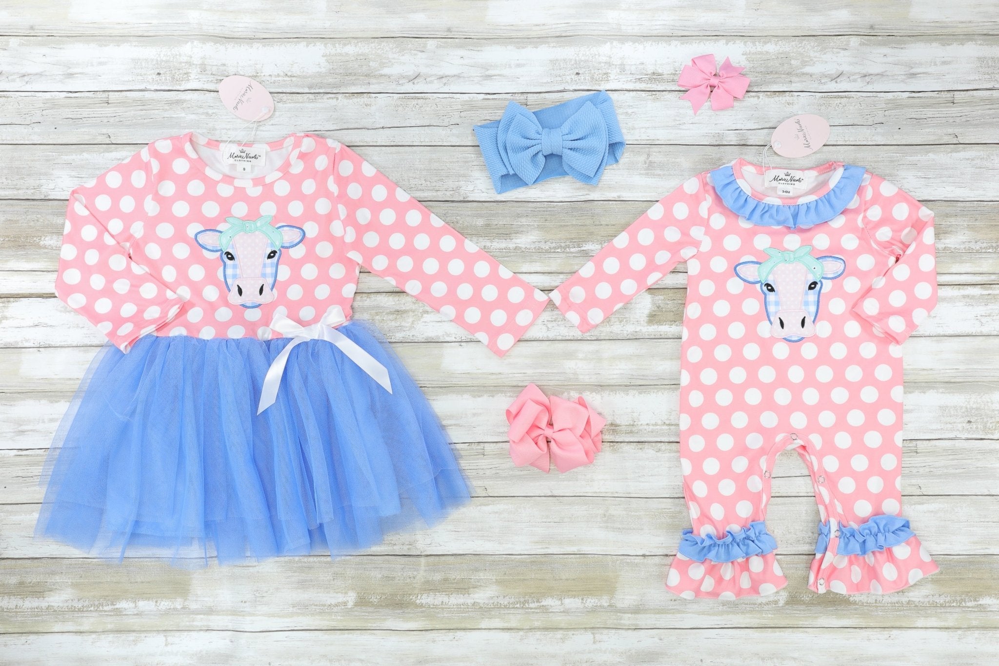 Pink Polka Dot Cow Ruffle Romper - Marie Nicole Clothing