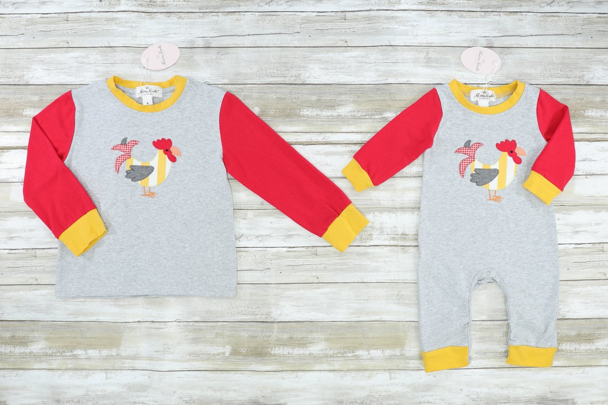Grey & Red Rooster Raglan Romper - Marie Nicole Clothing