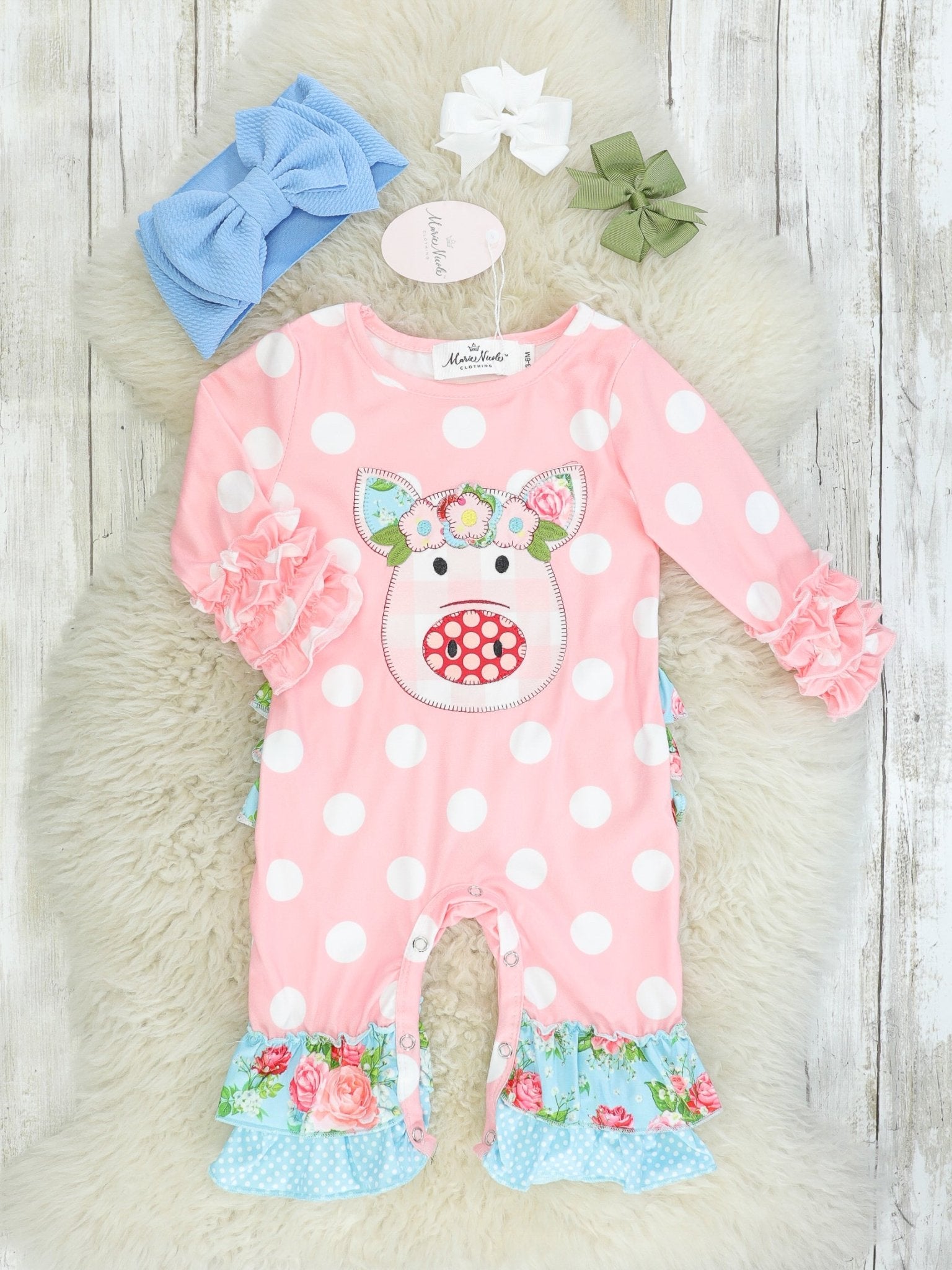 Pink Polka Dot & Floral Piggy Ruffle Romper - Marie Nicole Clothing