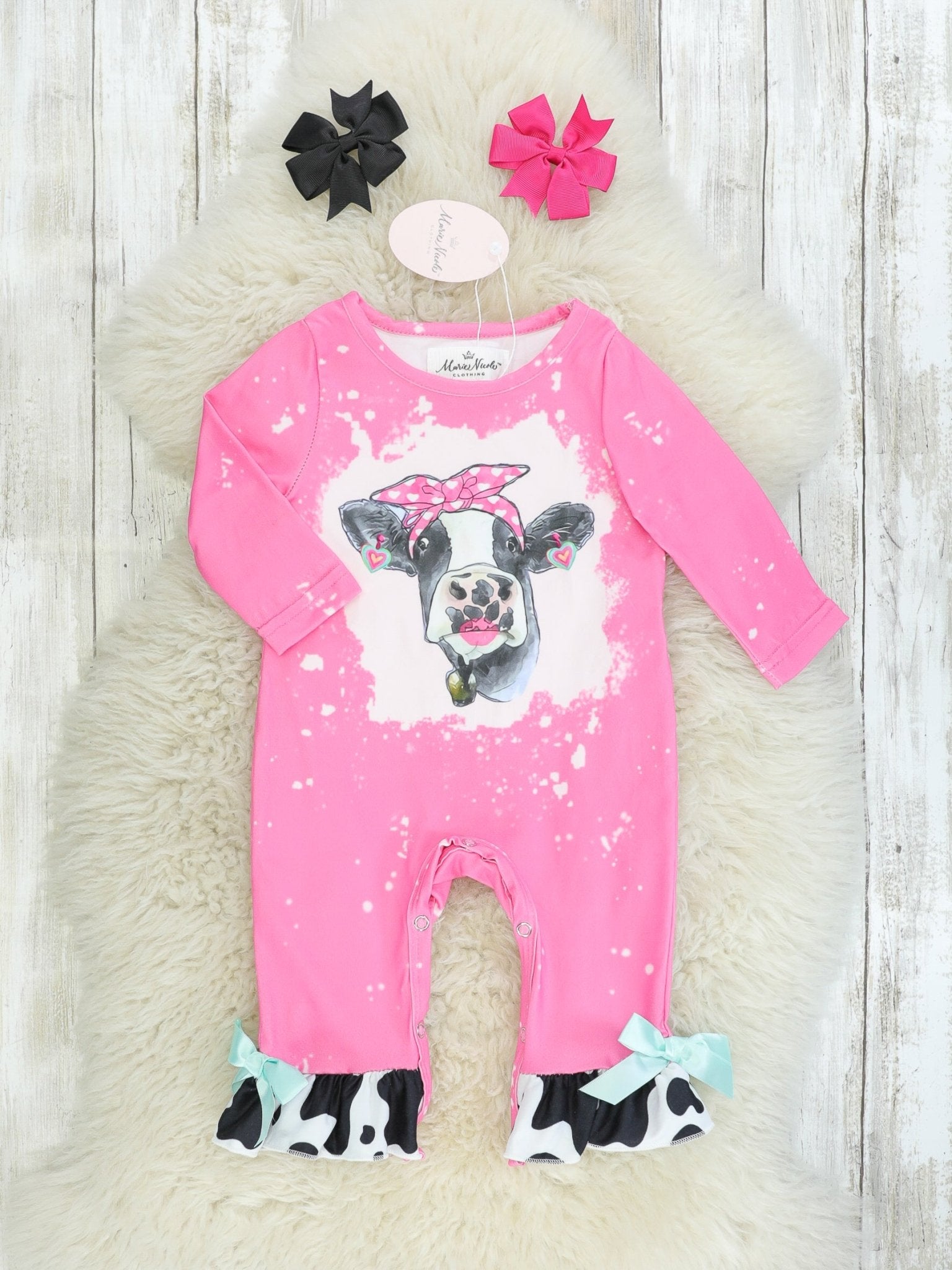 Pink Bleached Cow Ruffle Romper - Marie Nicole Clothing