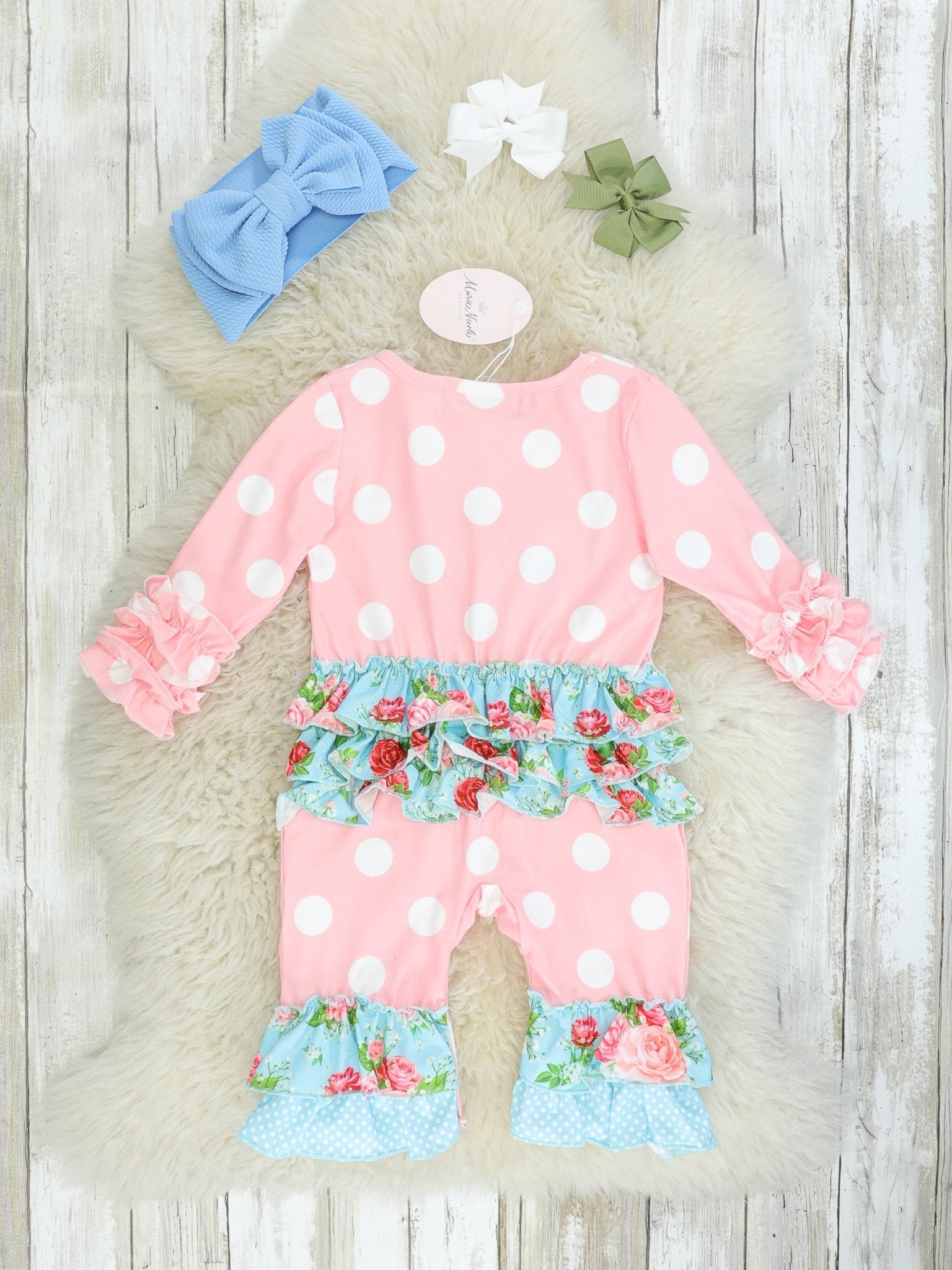 Pink Polka Dot & Floral Piggy Ruffle Romper - Marie Nicole Clothing