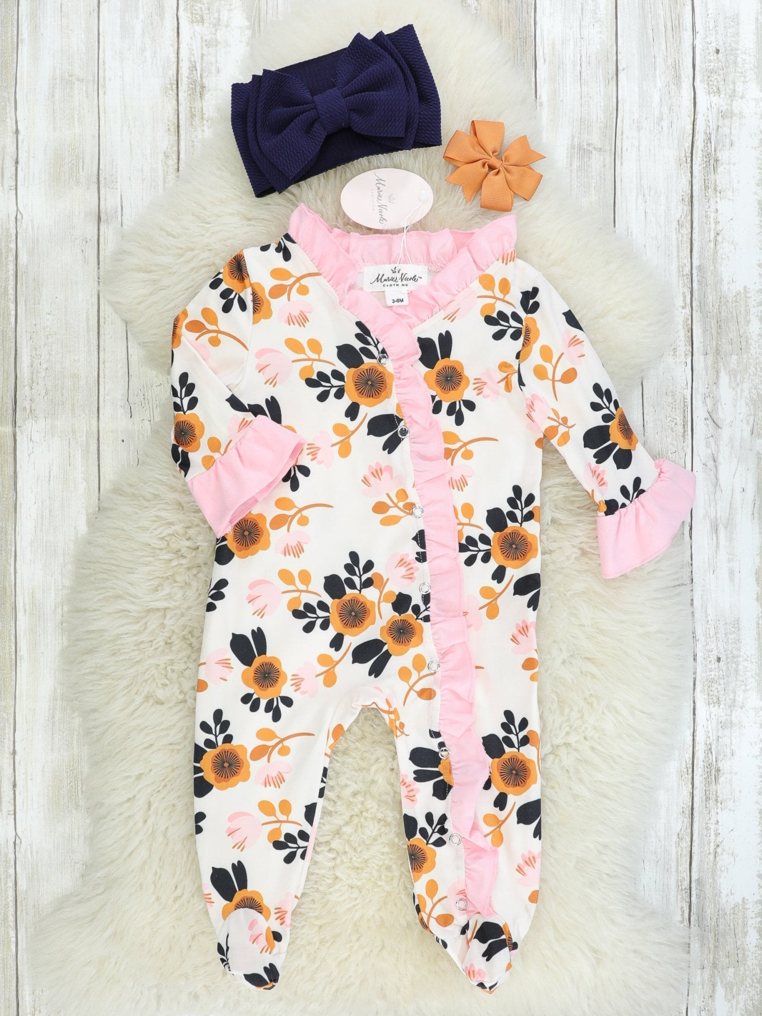 Orange Floral Footie Romper - Marie Nicole Clothing