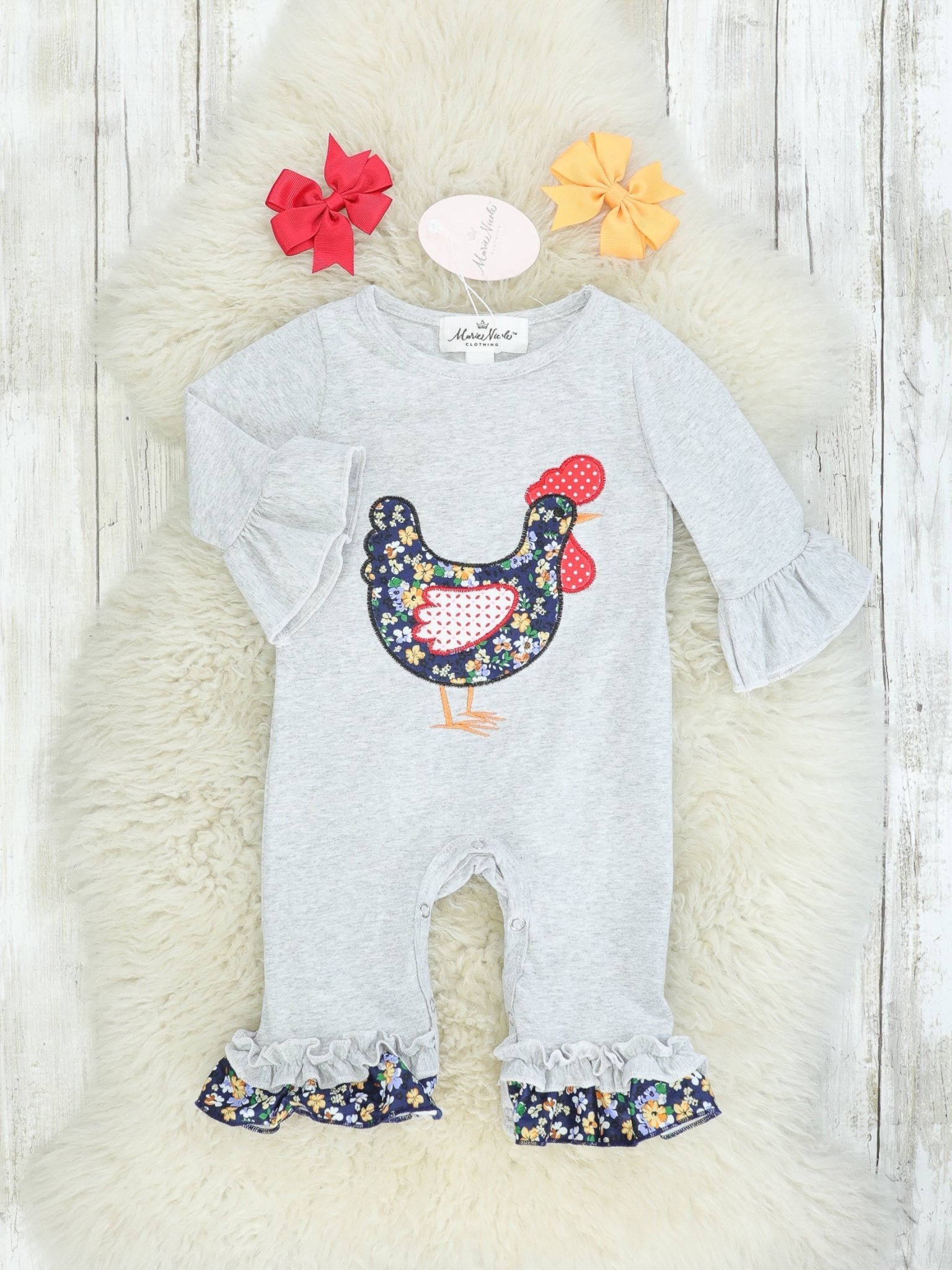 Grey & Navy Floral Chicken Ruffle Romper - Marie Nicole Clothing