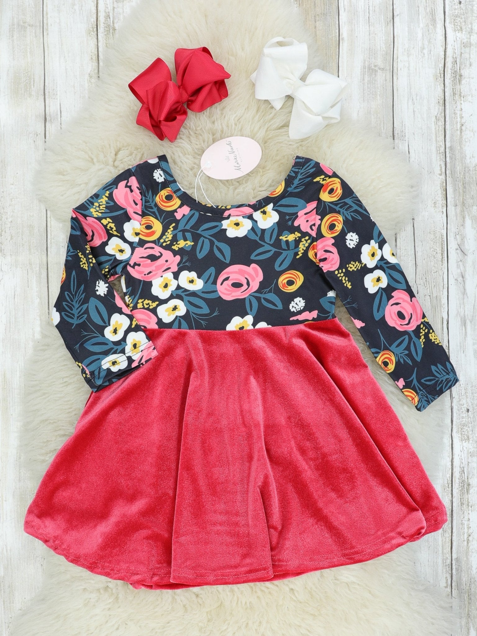 Pink & Black Floral Velvet Dress - Marie Nicole Clothing