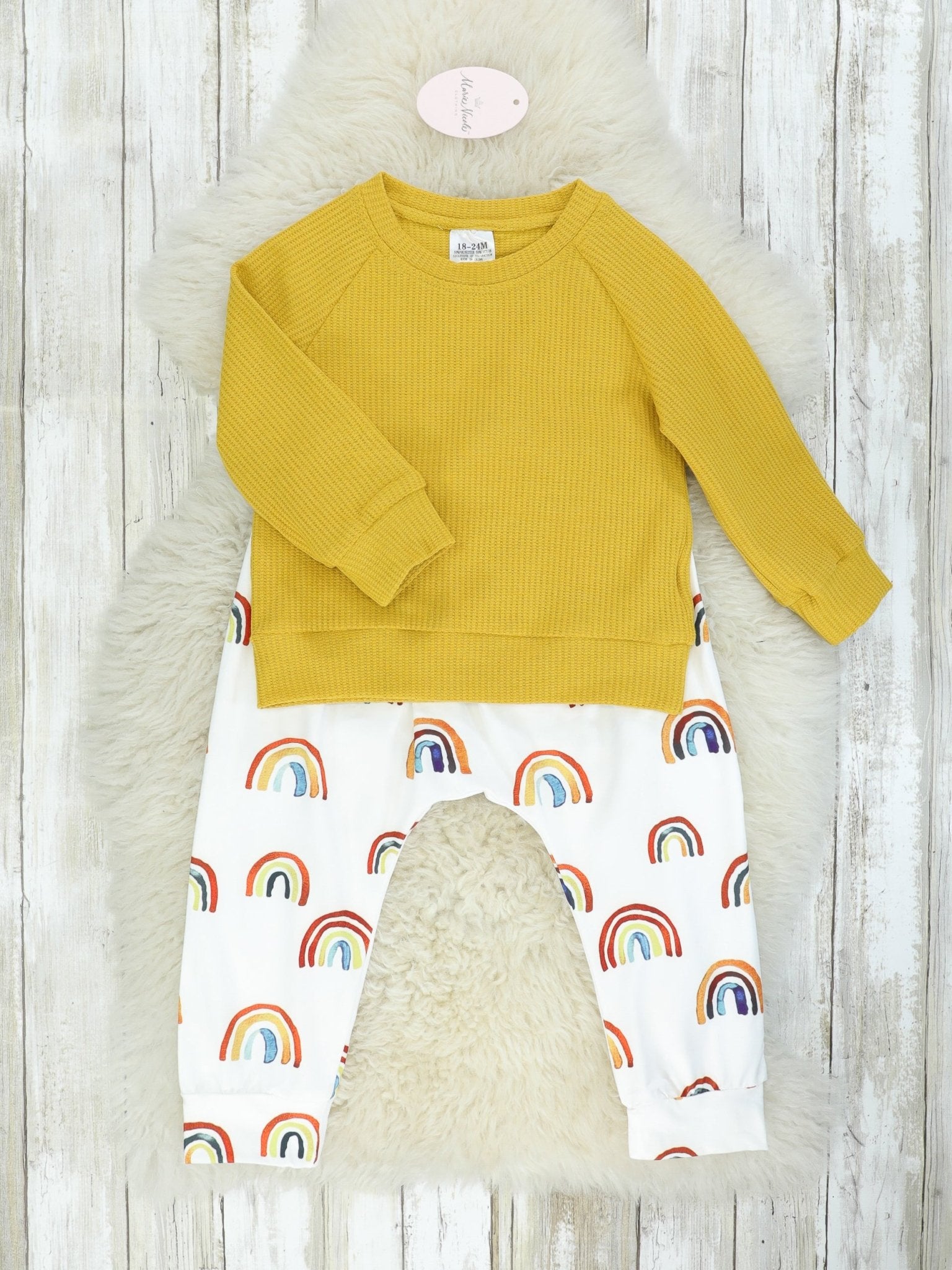 Mustard Top & Rainbow Joggers Outfit - Marie Nicole Clothing