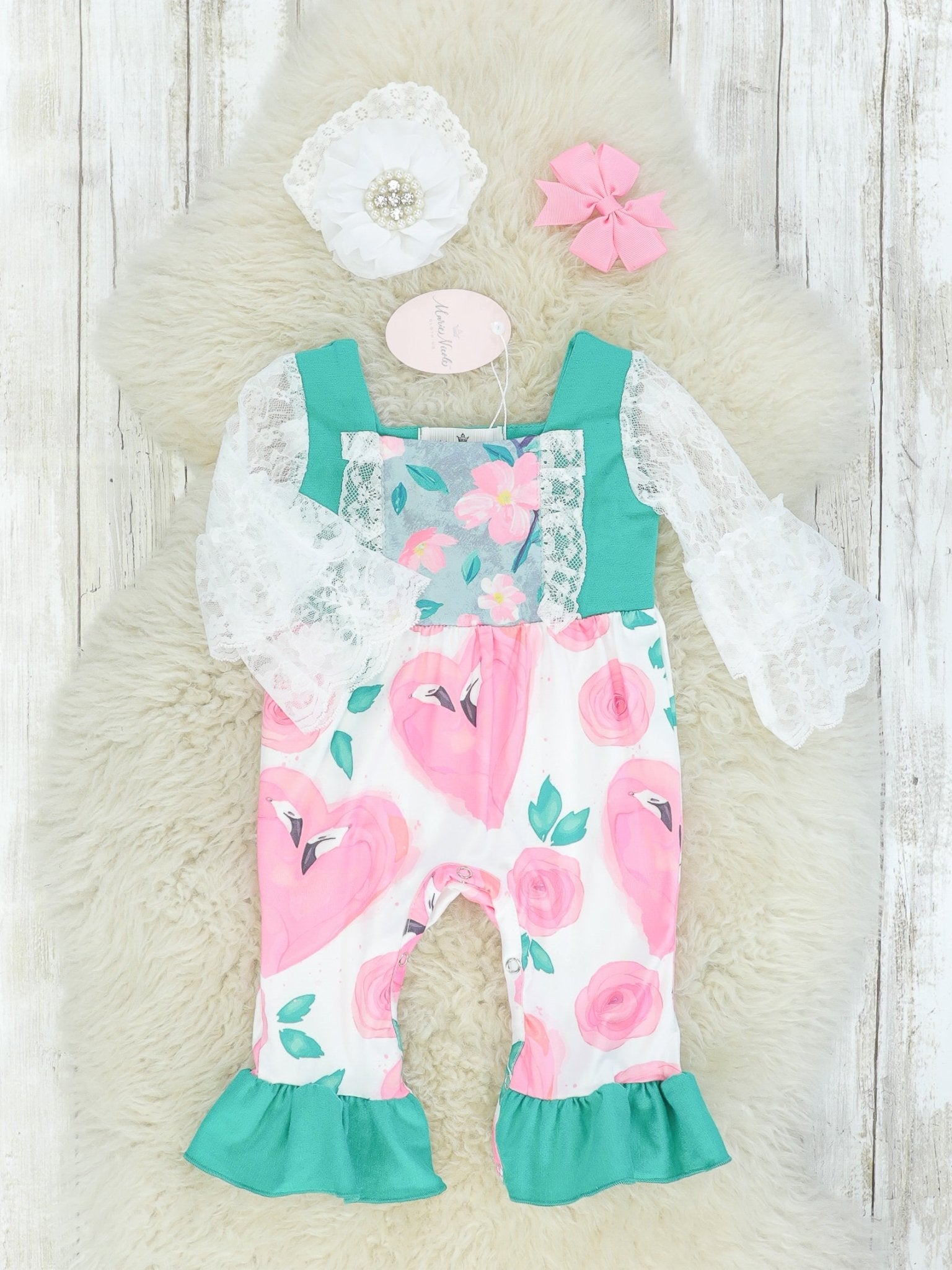 Green & Pink Floral Lace Sleeves Romper - Marie Nicole Clothing