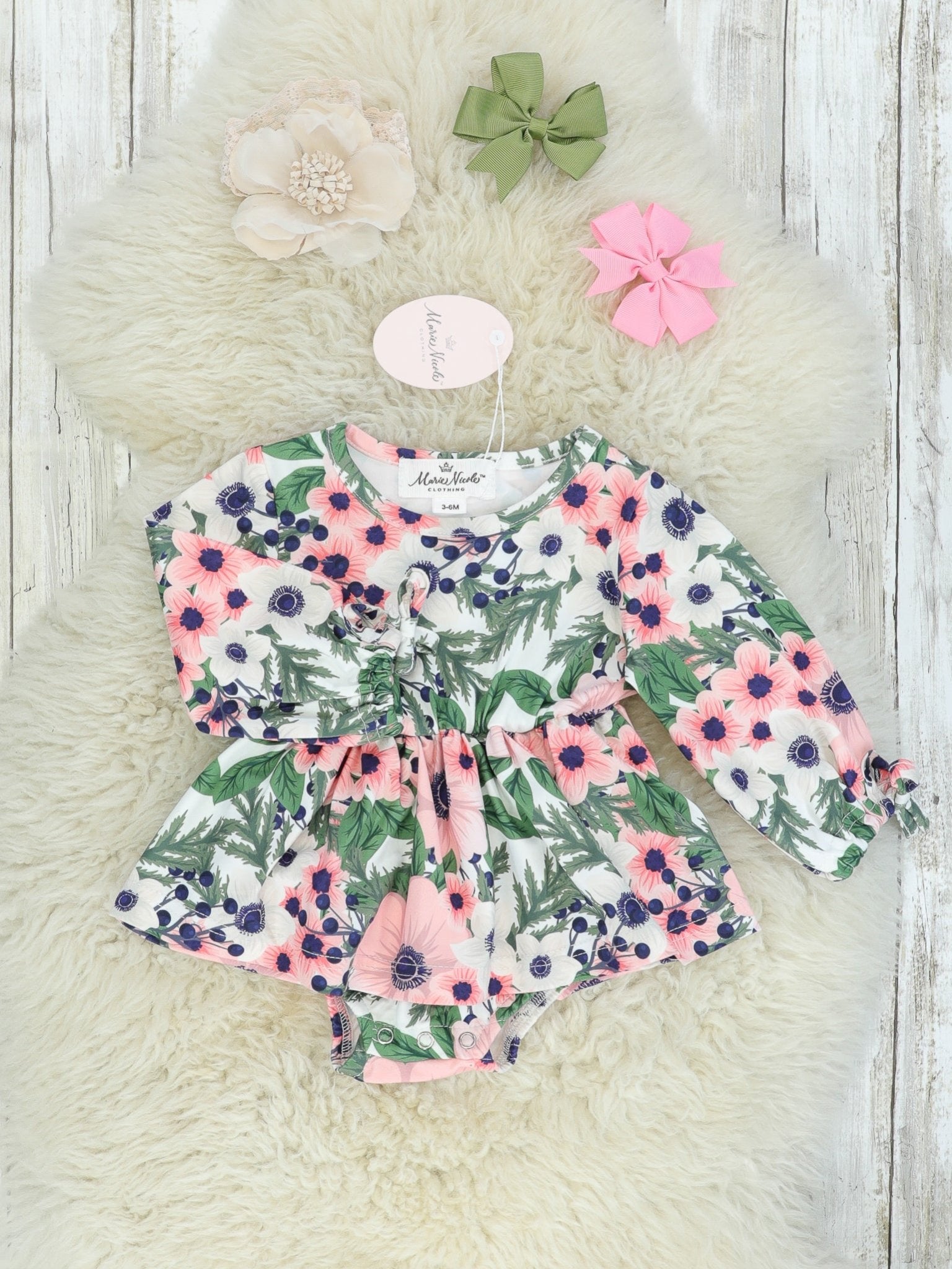 Green & Pink Anemones Dress Bubble Romper - Marie Nicole Clothing