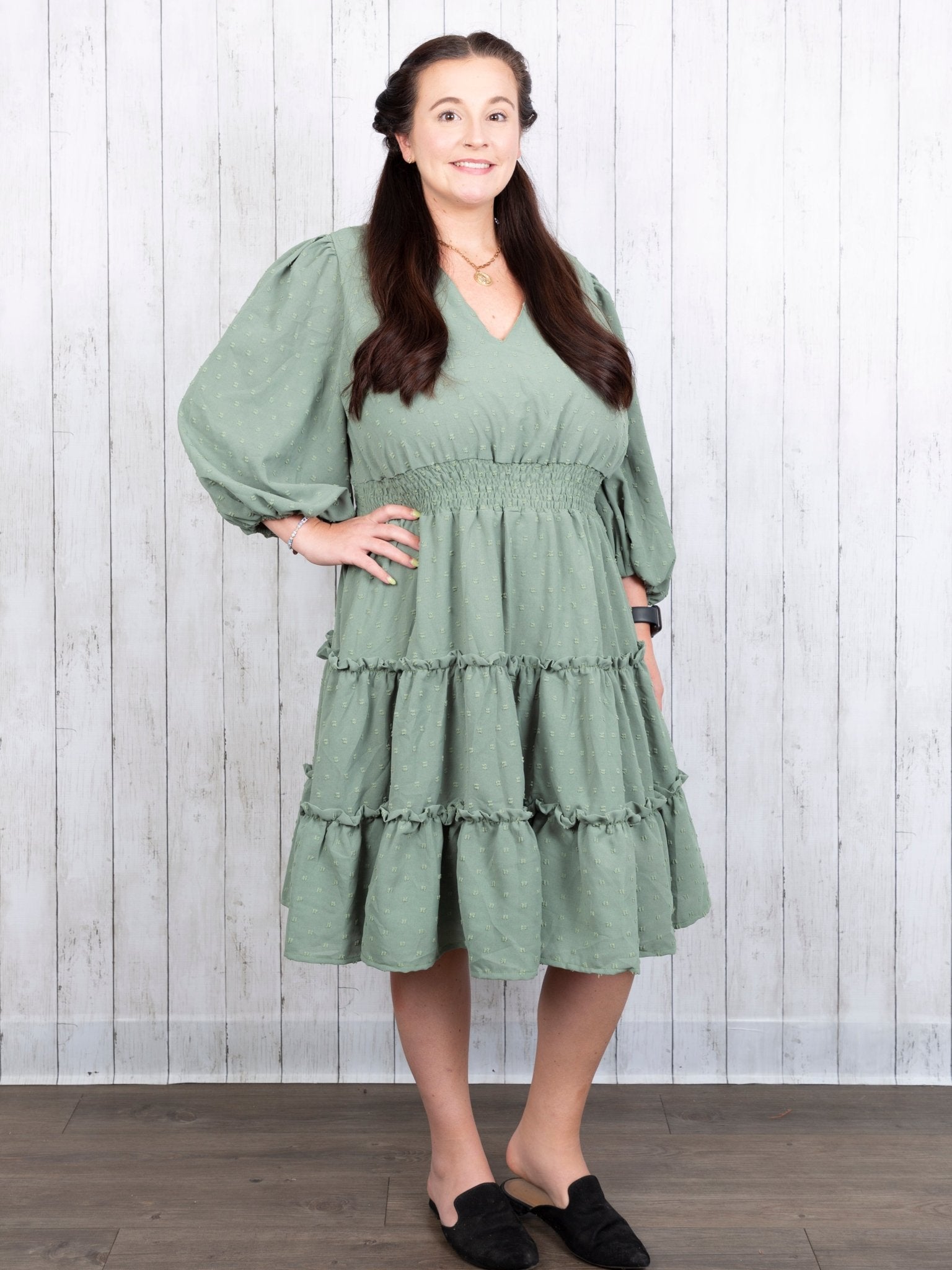 Mom Sage Swiss Dot Dress - Marie Nicole Clothing
