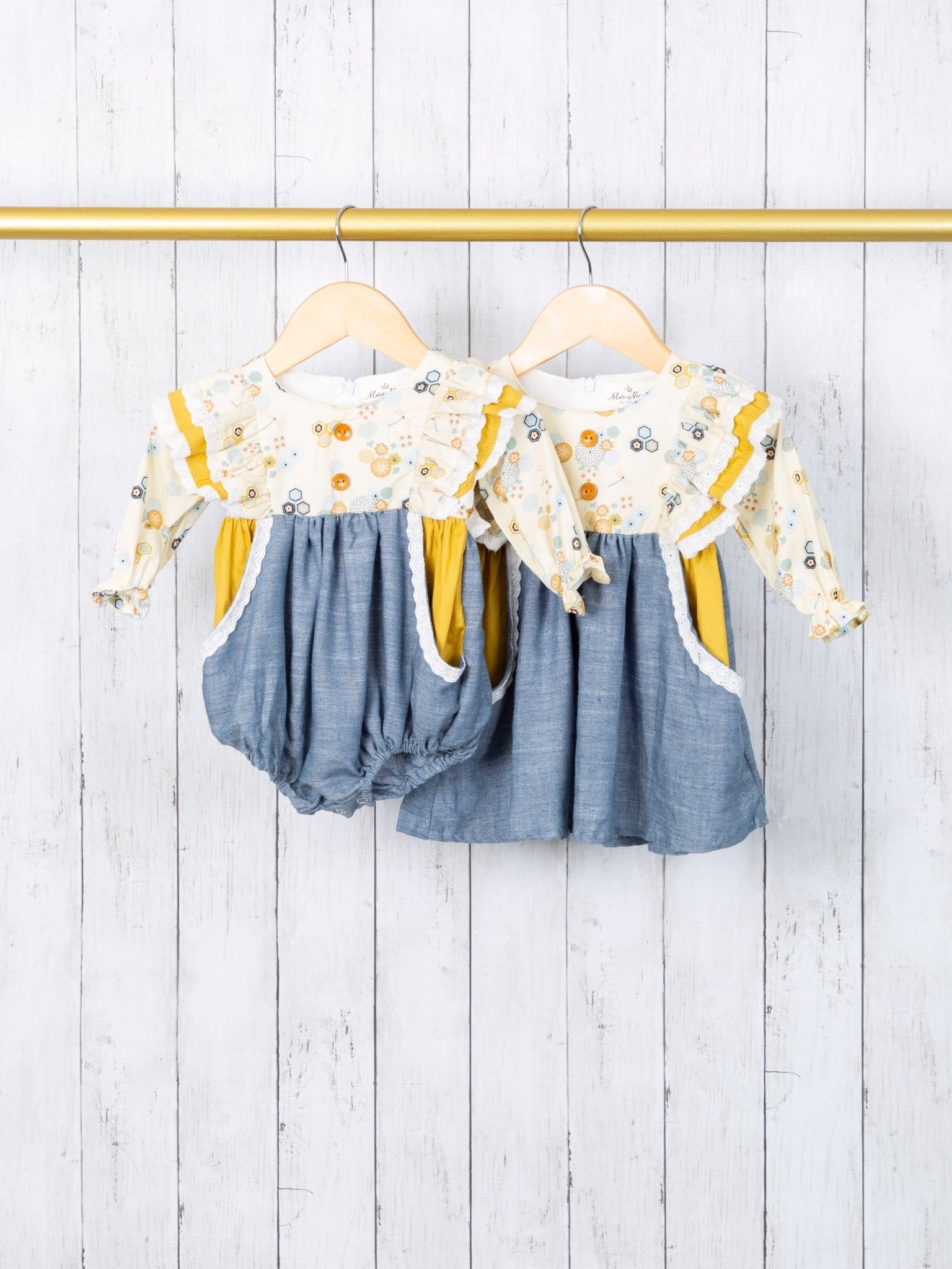 Pale Yellow Chambray Ruffle Romper - Marie Nicole Clothing