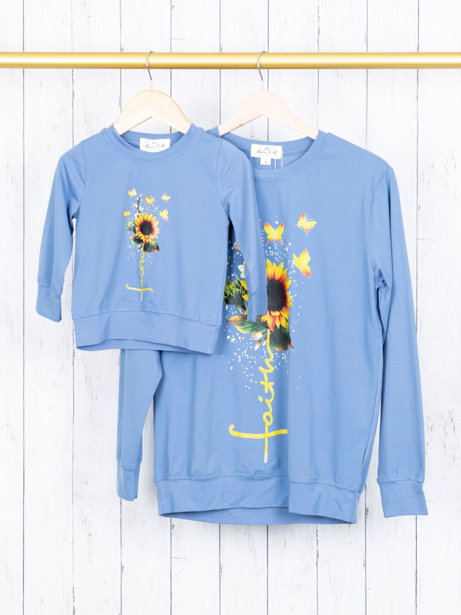 Mom & Me Blue "Faith" Sunflower Pullover - Marie Nicole Clothing