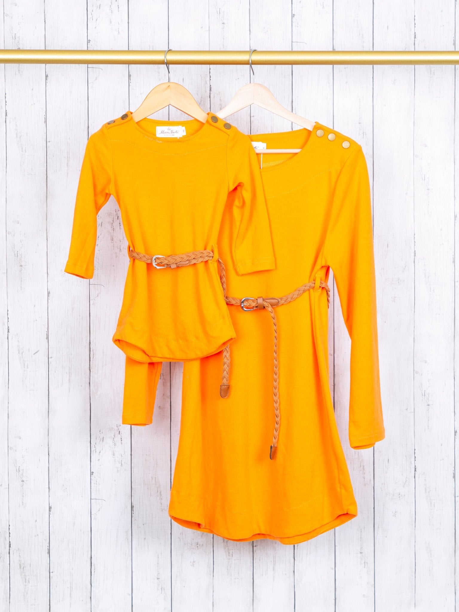 Mom & Me Tangerine Button Dress W/ Braided Belt - Marie Nicole Clothing