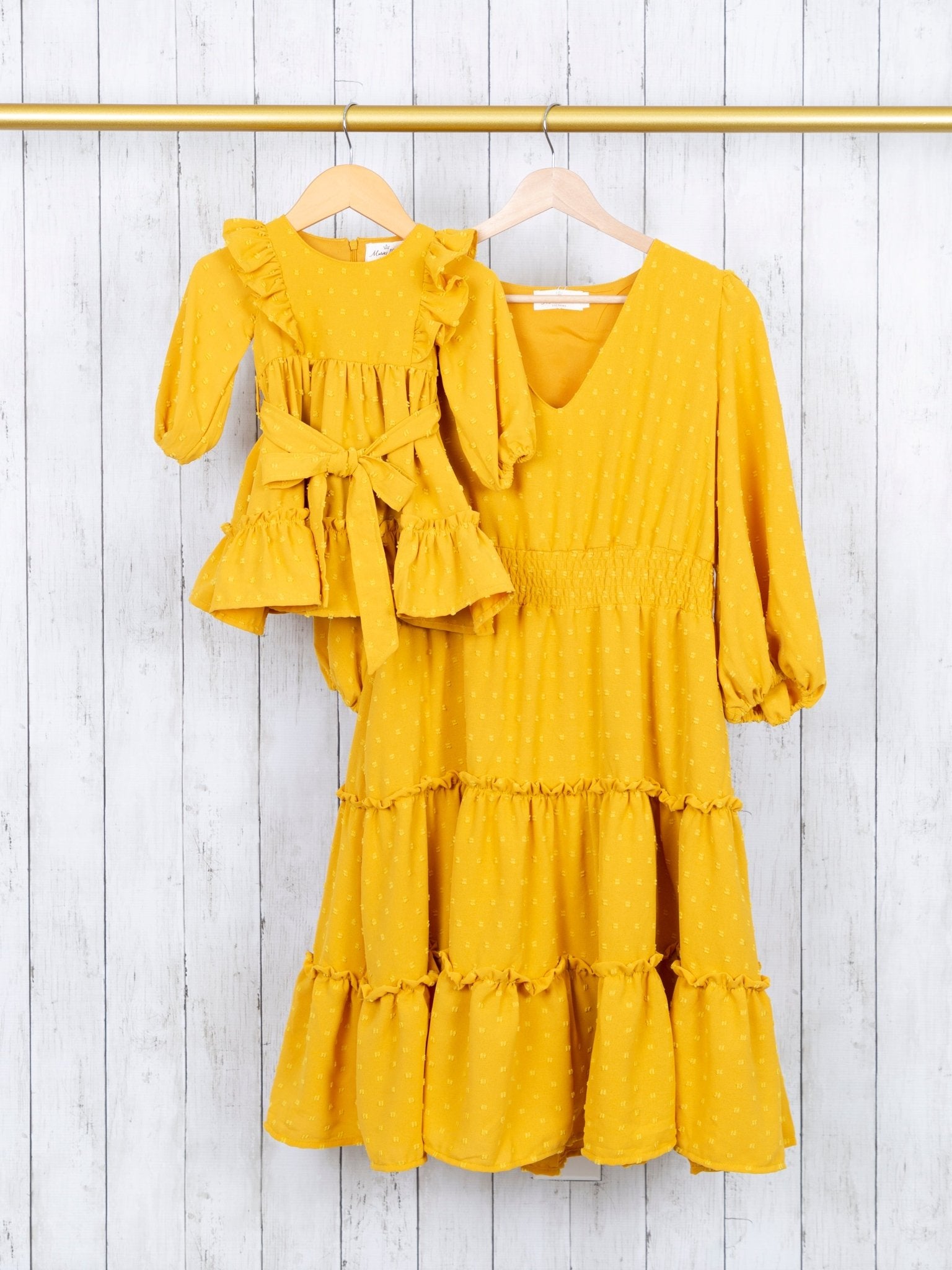 Mom Mustard Swiss Dot Ruffle Dress - Marie Nicole Clothing