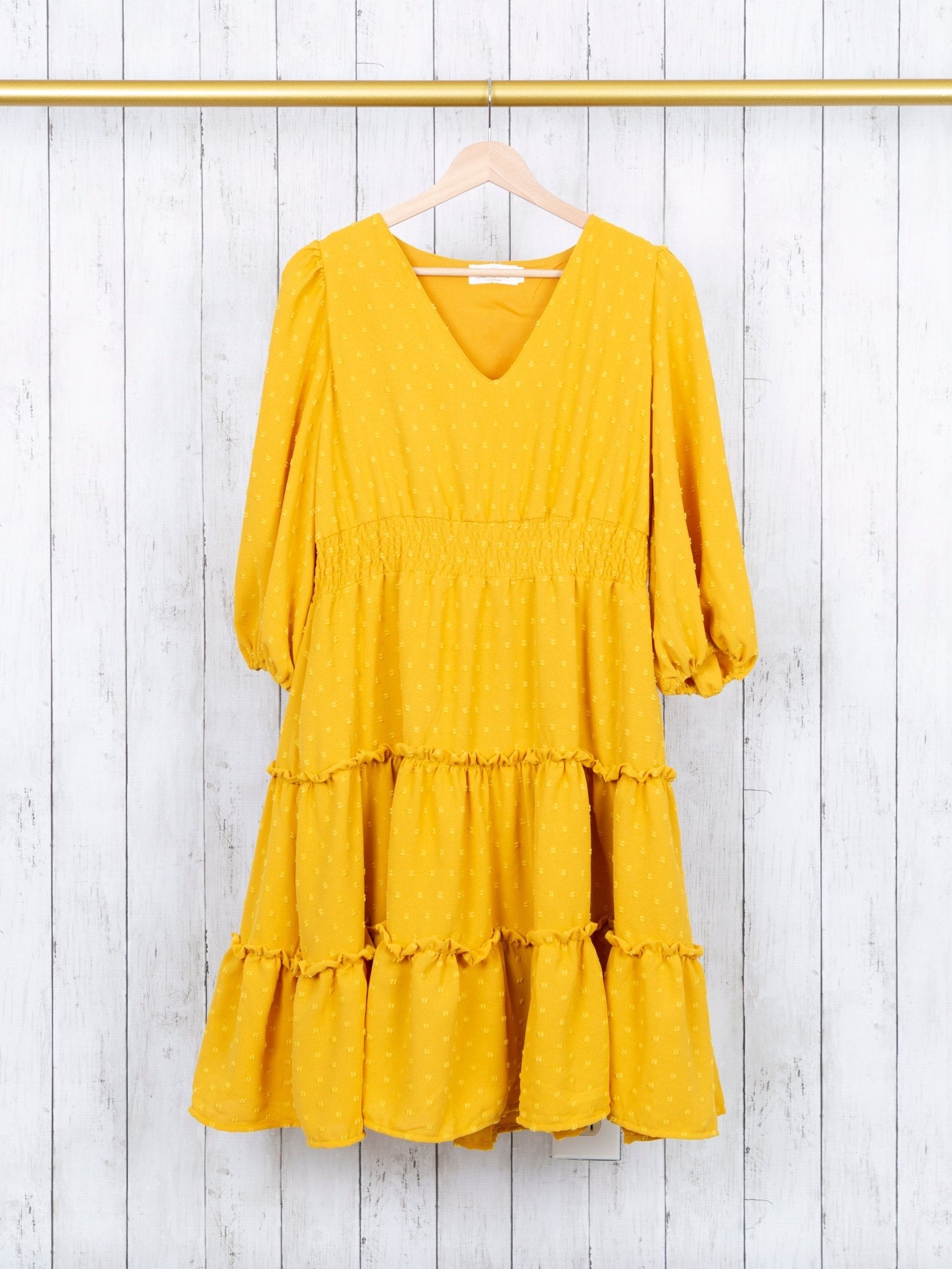 Mom Mustard Swiss Dot Ruffle Dress - Marie Nicole Clothing