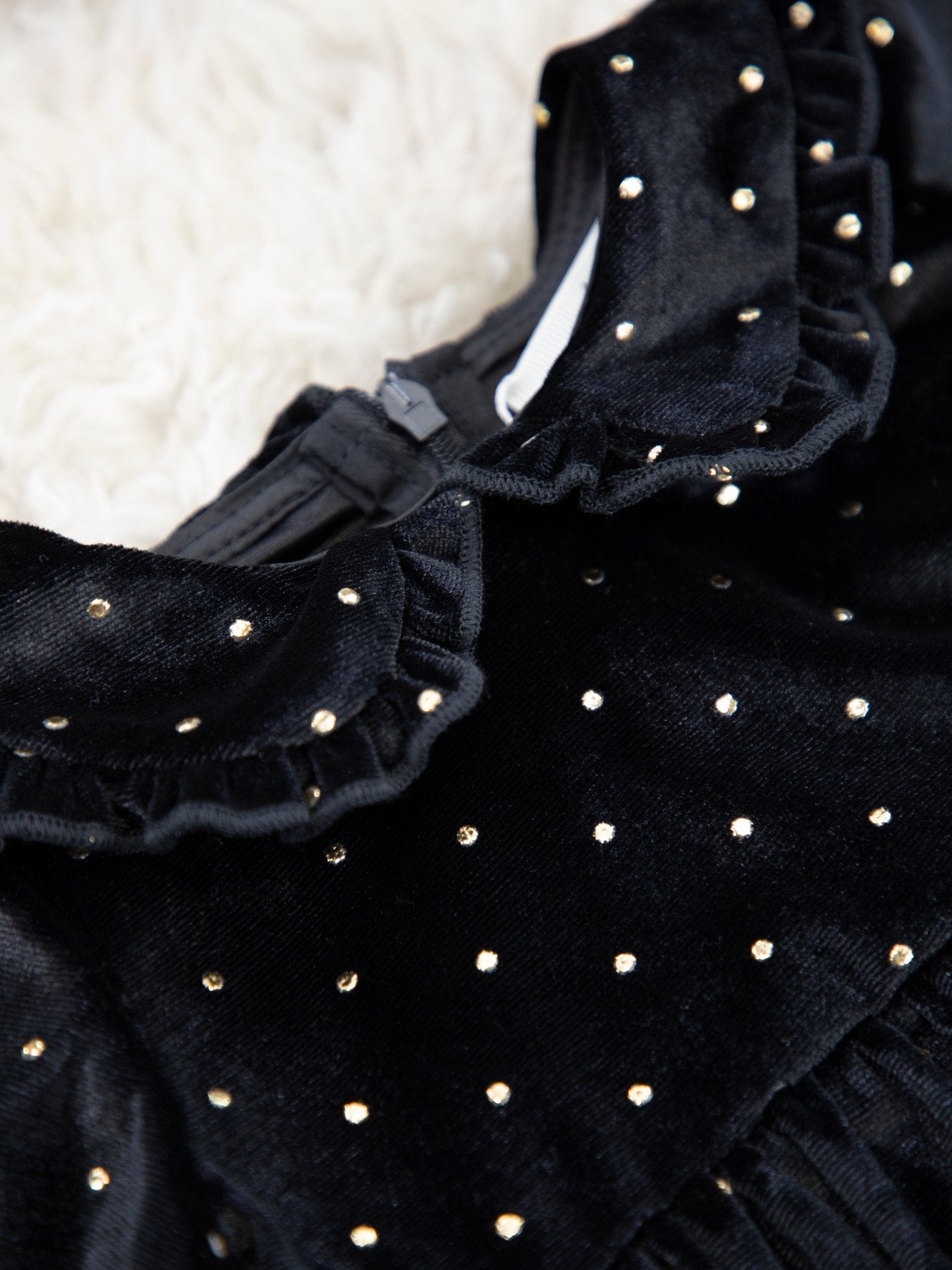 Black Polka Dotted Velvet Ruffle Dress - Marie Nicole Clothing