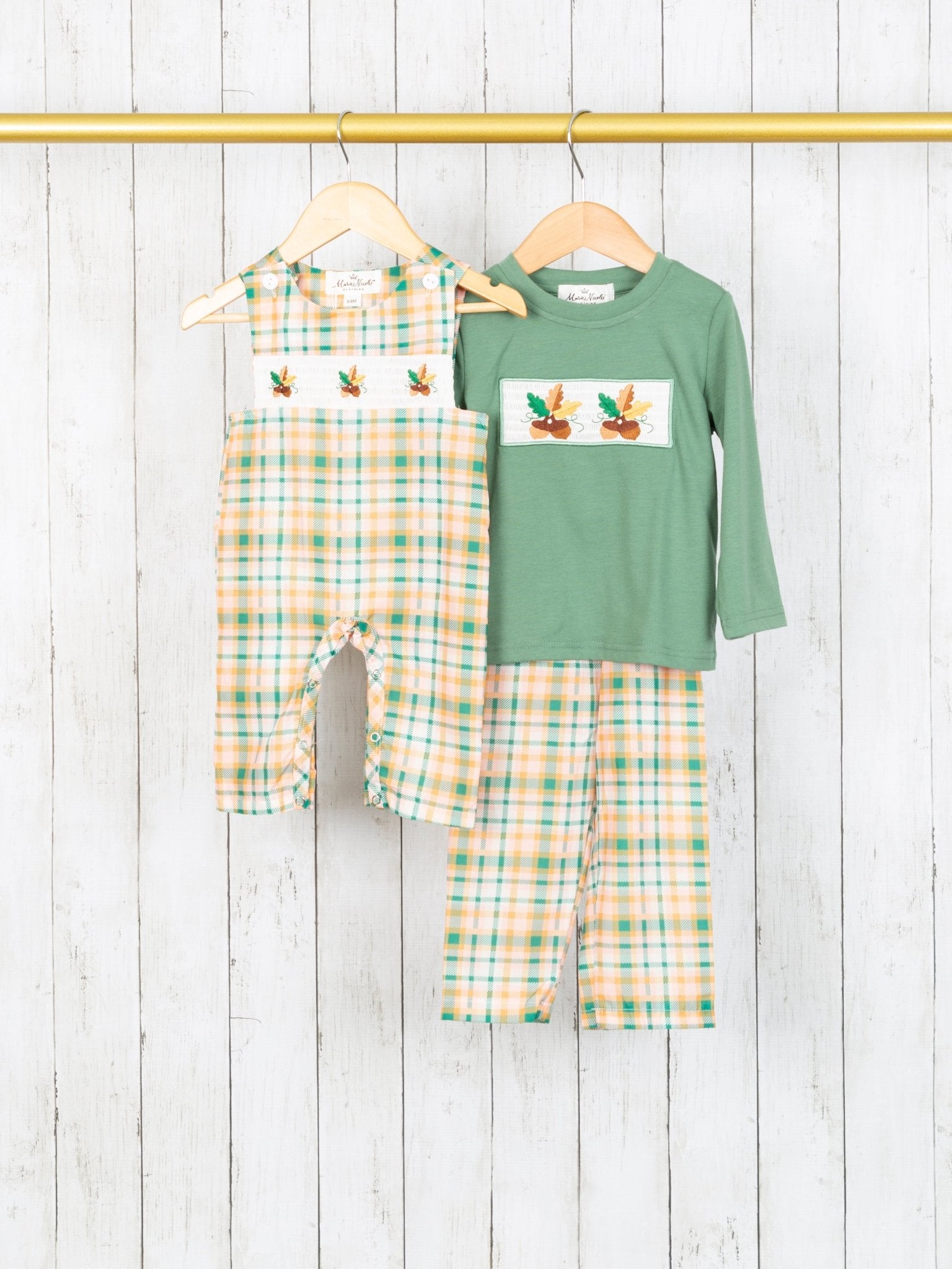 Plaid Acorn Smocked Johnny - Marie Nicole Clothing