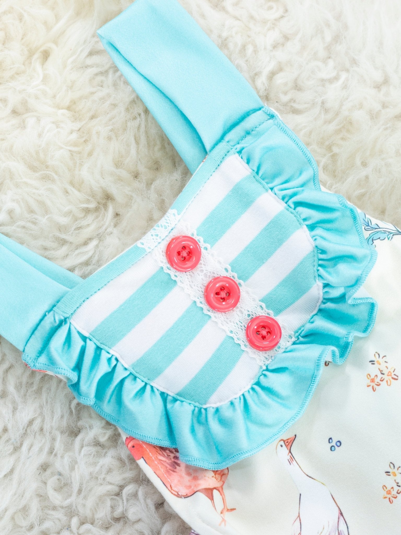 Blue Striped Flock Ruffle Bubble Romper - Marie Nicole Clothing