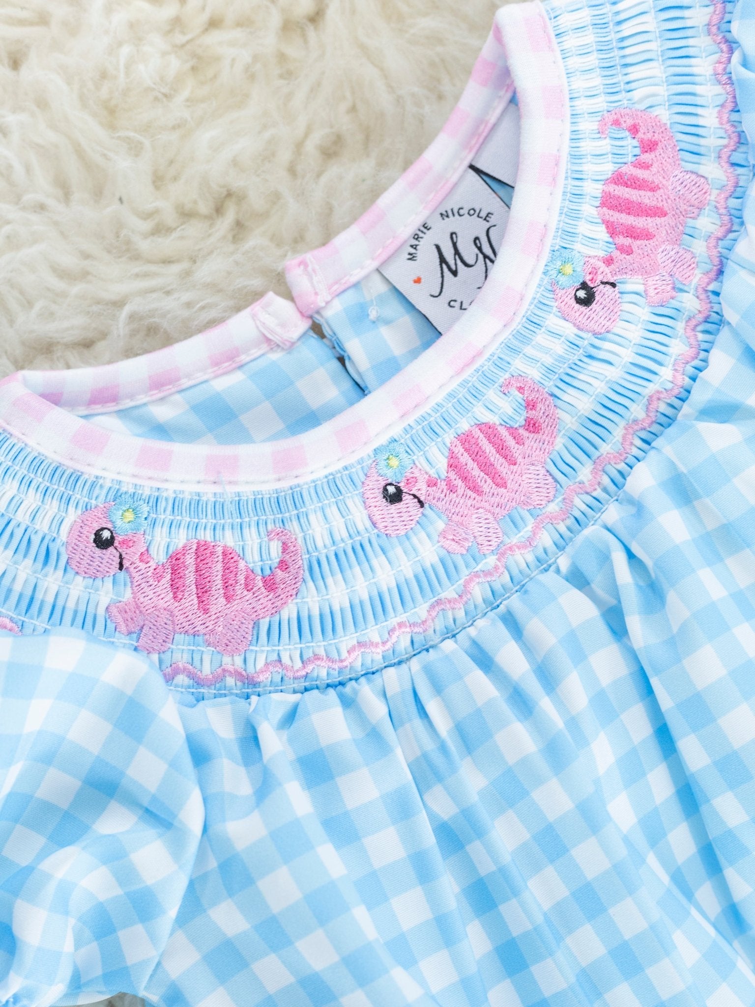 Blue Gingham Smocked Dino Ruffle Bubble Romper - Marie Nicole Clothing