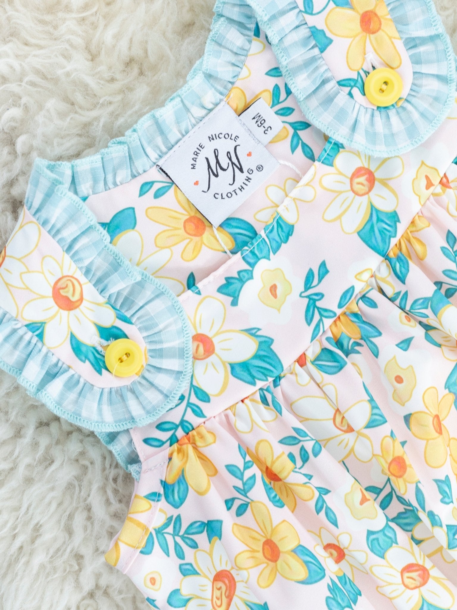 Sky Blue Gingham Daisy Bubble Romper - Marie Nicole Clothing