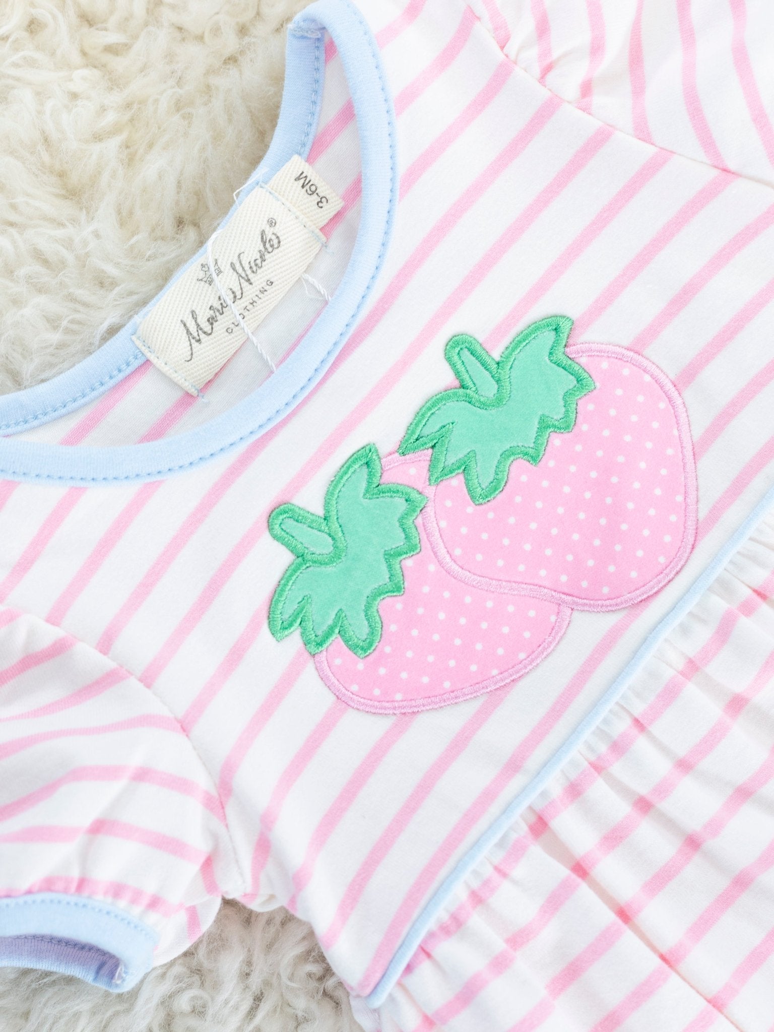 Pink & Blue Striped Strawberry Ruffle Bubble Romper - Marie Nicole Clothing