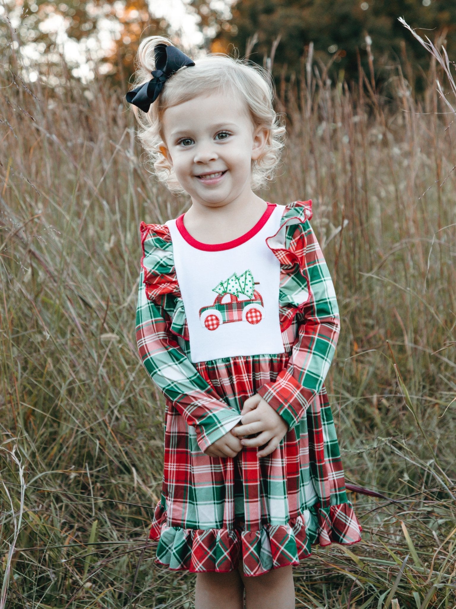 Red & Green Plaid Christmas Tree Ruffle Dress - Marie Nicole Clothing
