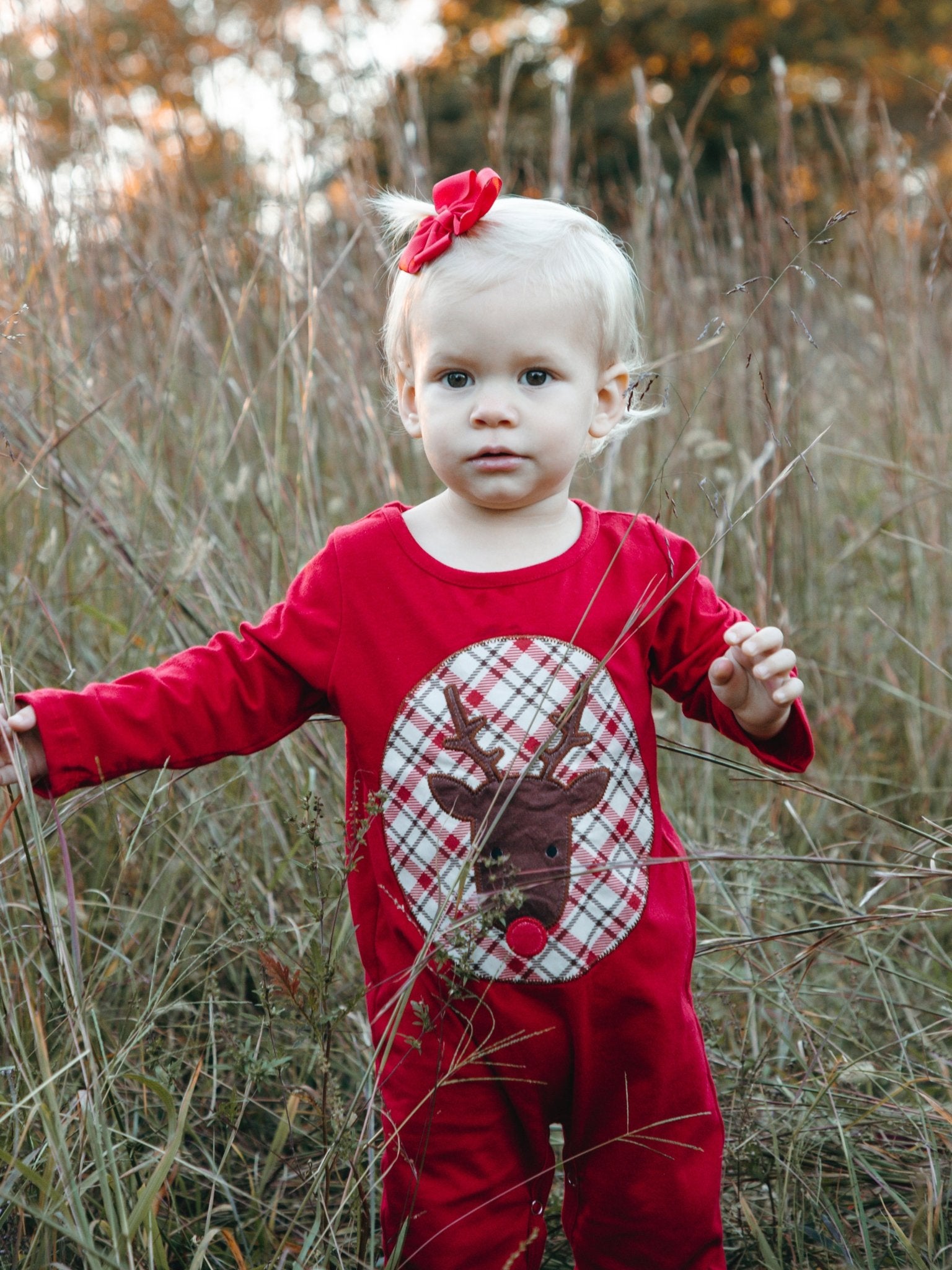 Red Plaid Reindeer Ruffle Romper - Marie Nicole Clothing