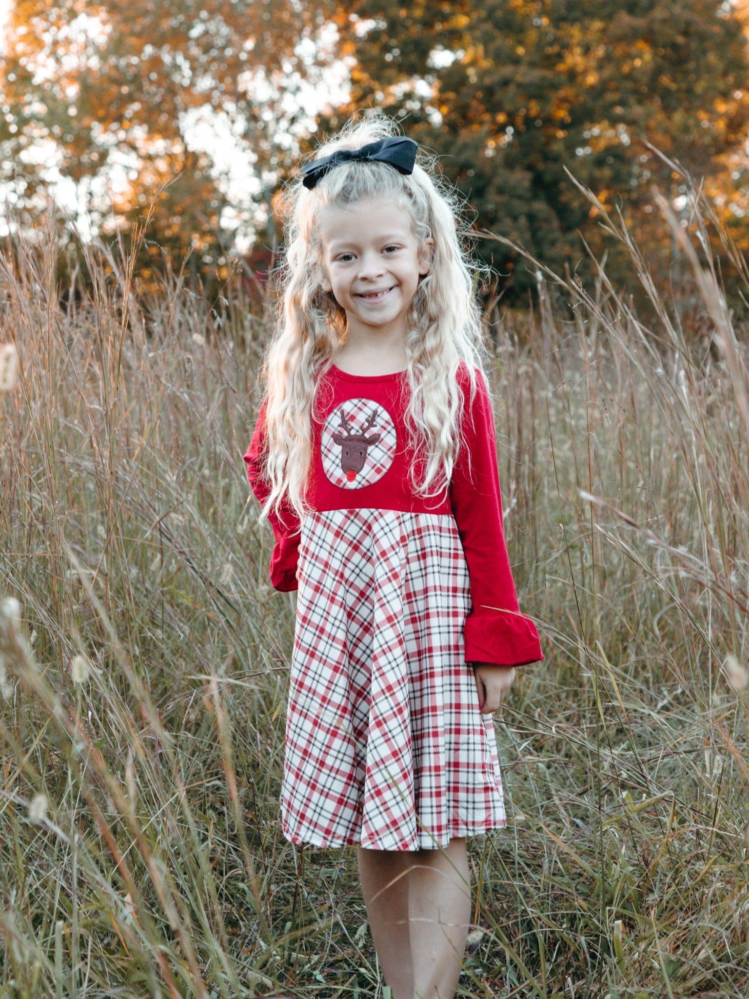 Red Plaid Reindeer Ruffle Dress - Marie Nicole Clothing