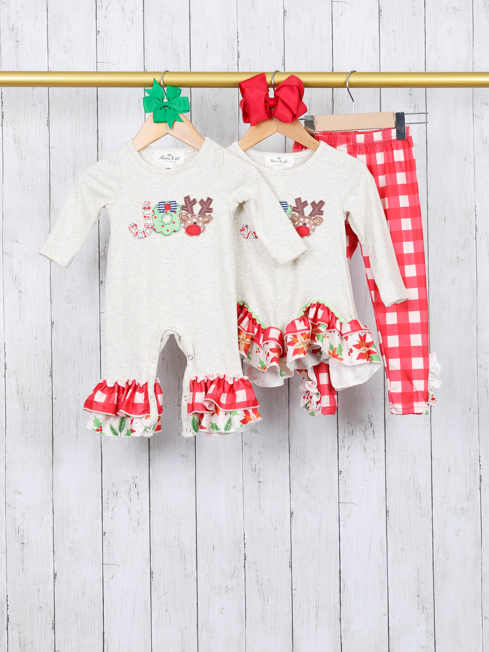 Red Gingham "JOY" Ruffle Romper - Marie Nicole Clothing