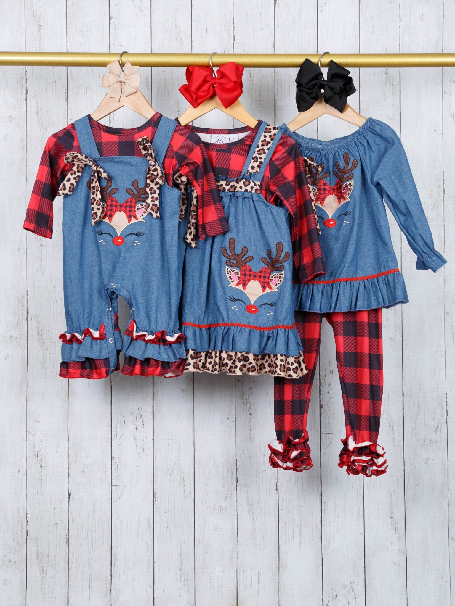 Buffalo Plaid & Leopard Reindeer Romper - Marie Nicole Clothing