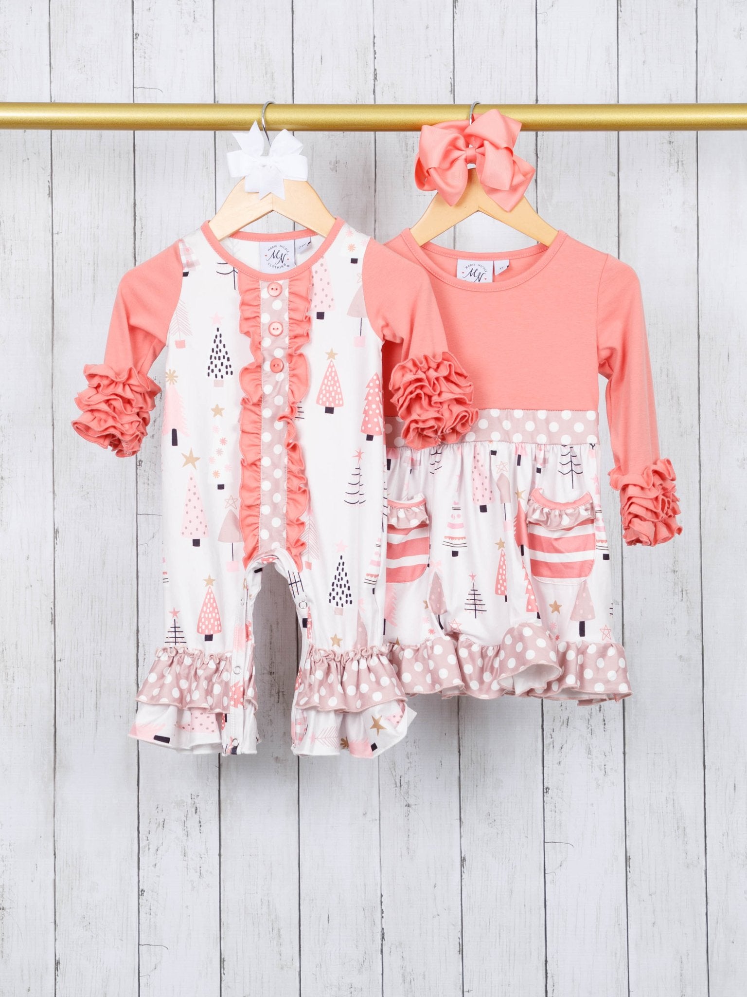 Peach Christmas Tree Ruffle Romper - Marie Nicole Clothing