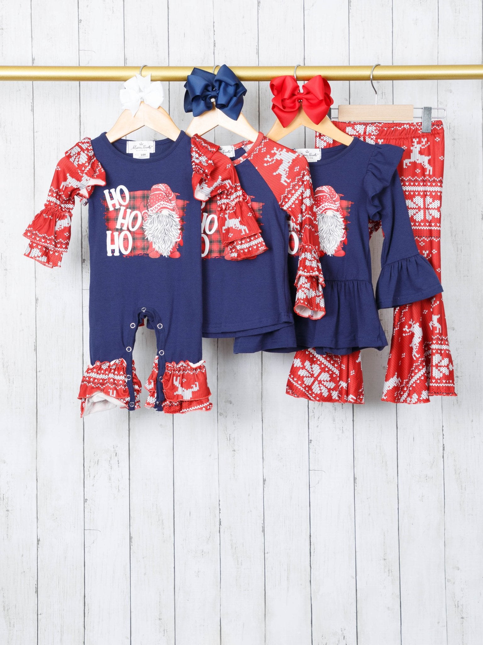 Navy "HO HO HO" Ruffle Raglan Romper - Marie Nicole Clothing