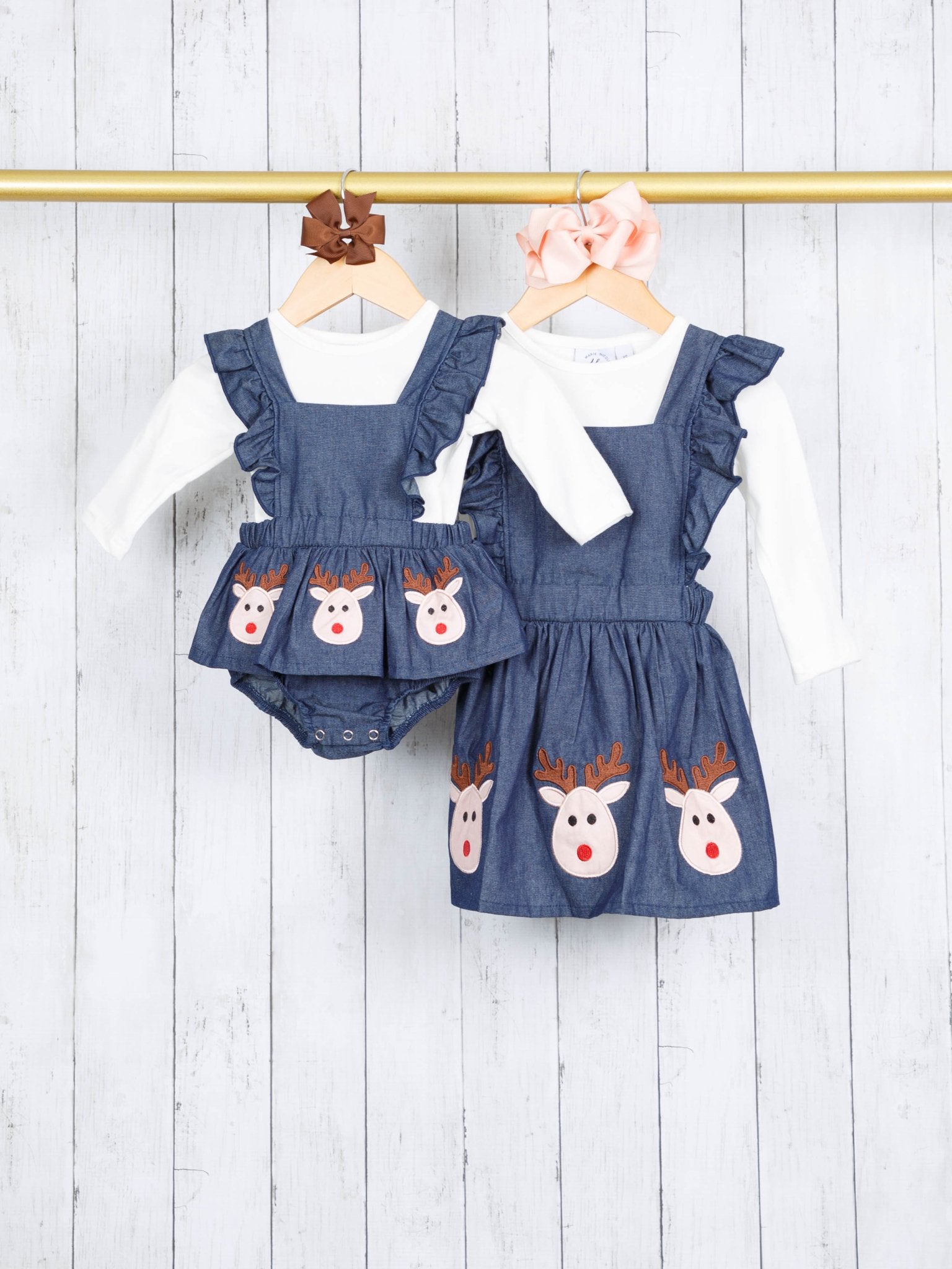 White Top & Chambray Reindeer Ruffle Dress - Marie Nicole Clothing