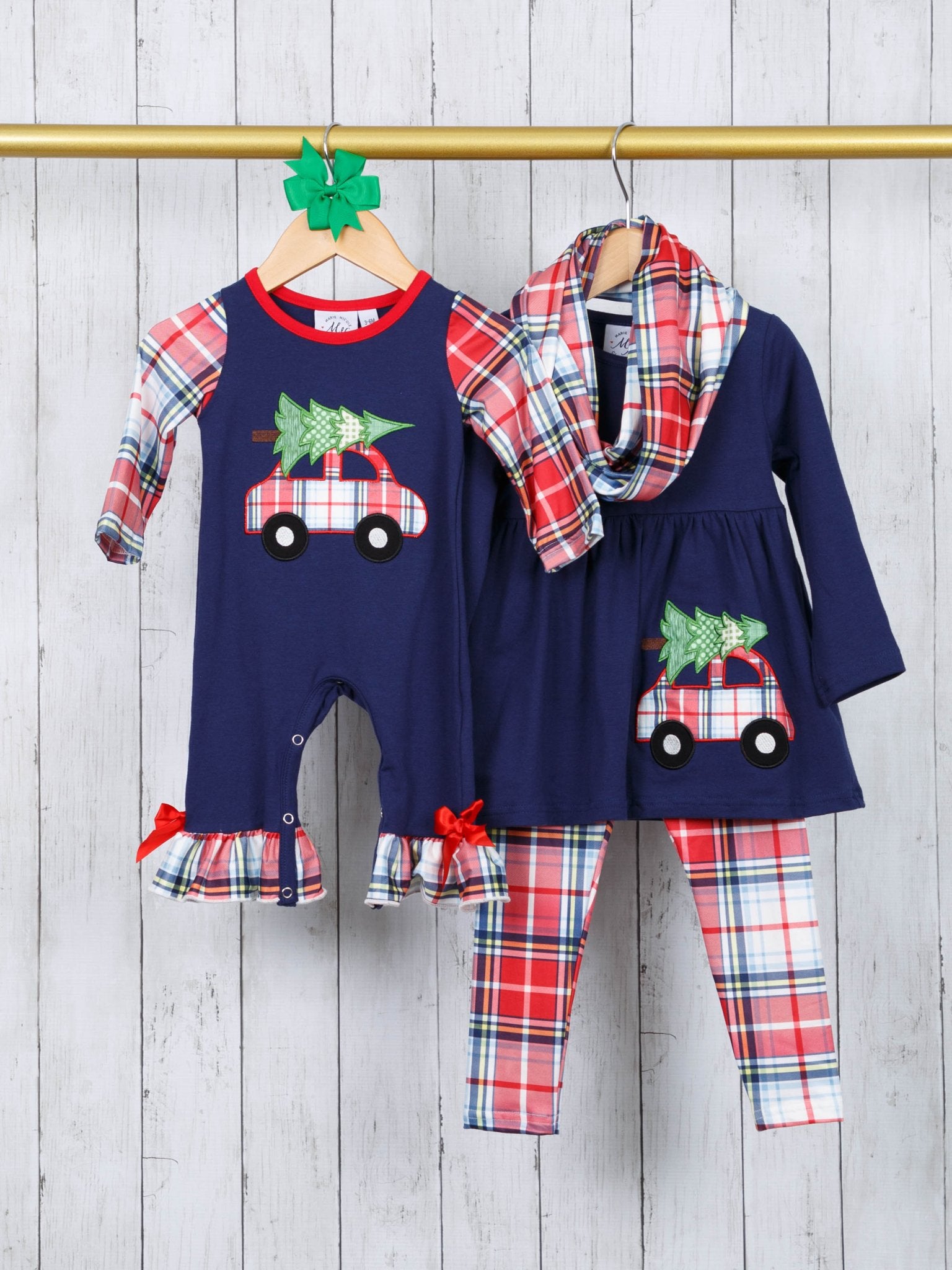 Navy Christmas Tree Truck Plaid Ruffle Romper - Marie Nicole Clothing