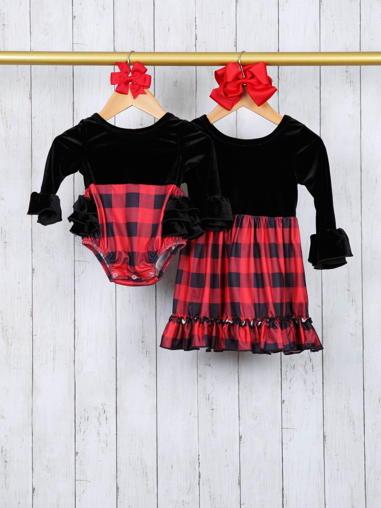 Black Velvet Buffalo Plaid Ruffle Dress - Marie Nicole Clothing