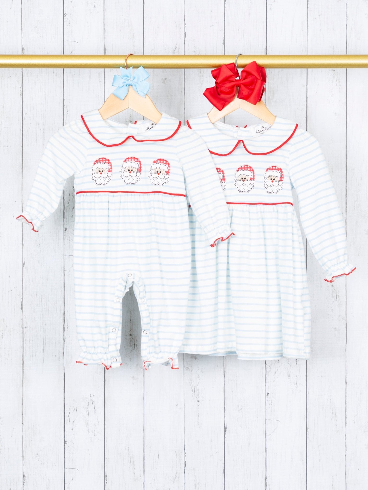 Light Blue Striped Santa Vintage Ruffle Romper - Marie Nicole Clothing