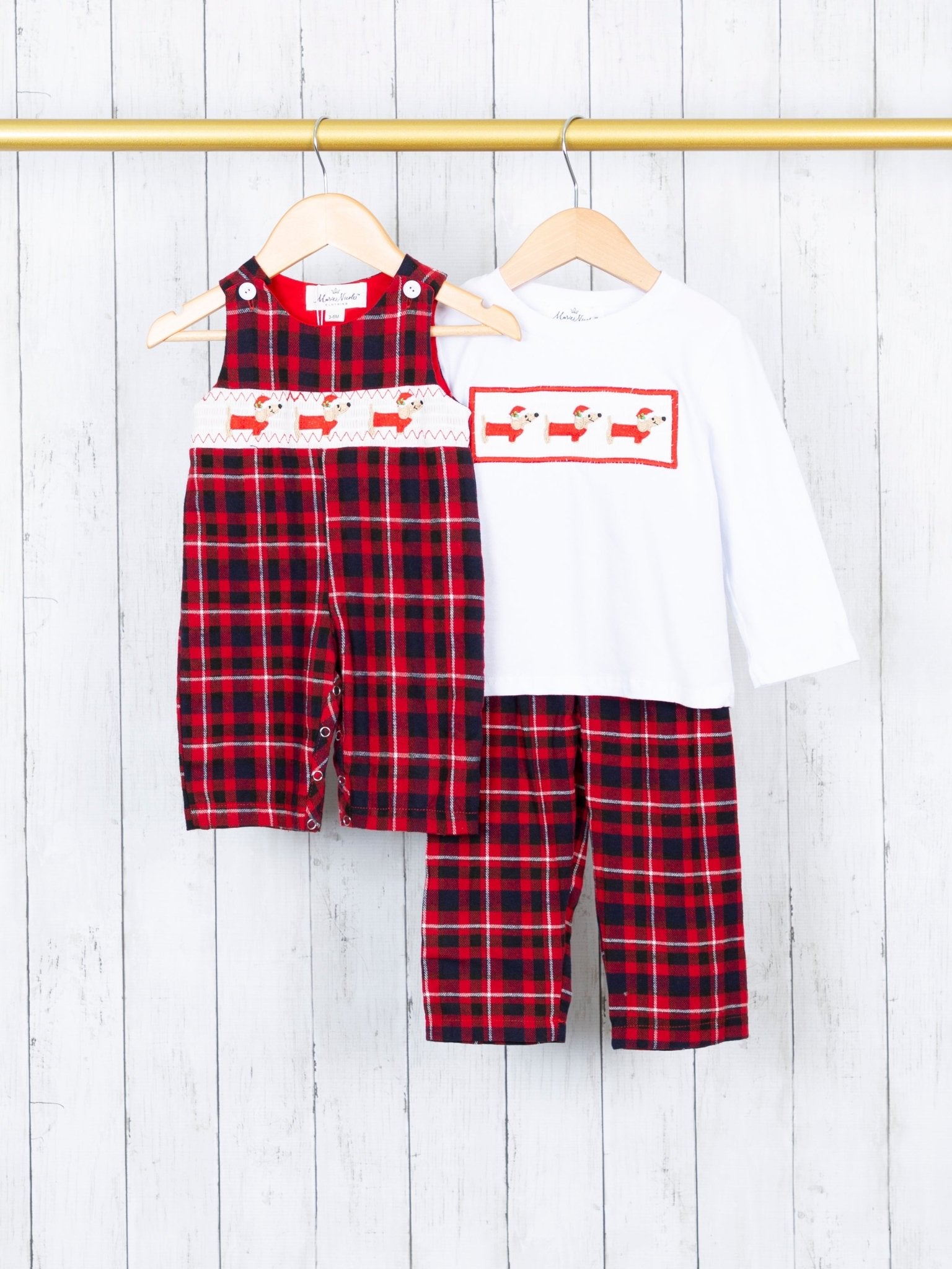 Red Plaid Smocked Dachshund Outfit - Marie Nicole Clothing