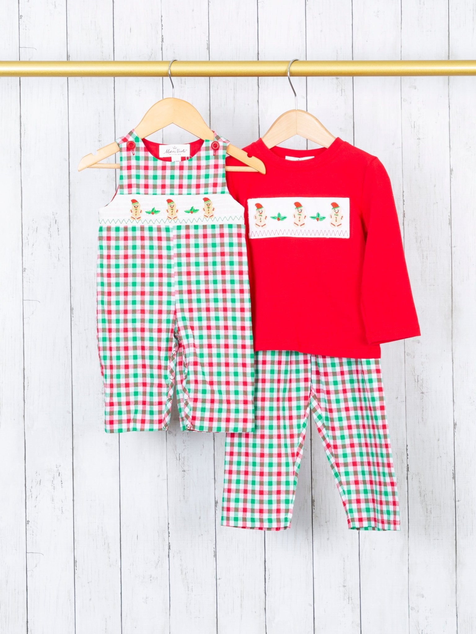 Red & Green Gingerbread Smocked Outfit - Marie Nicole Clothing