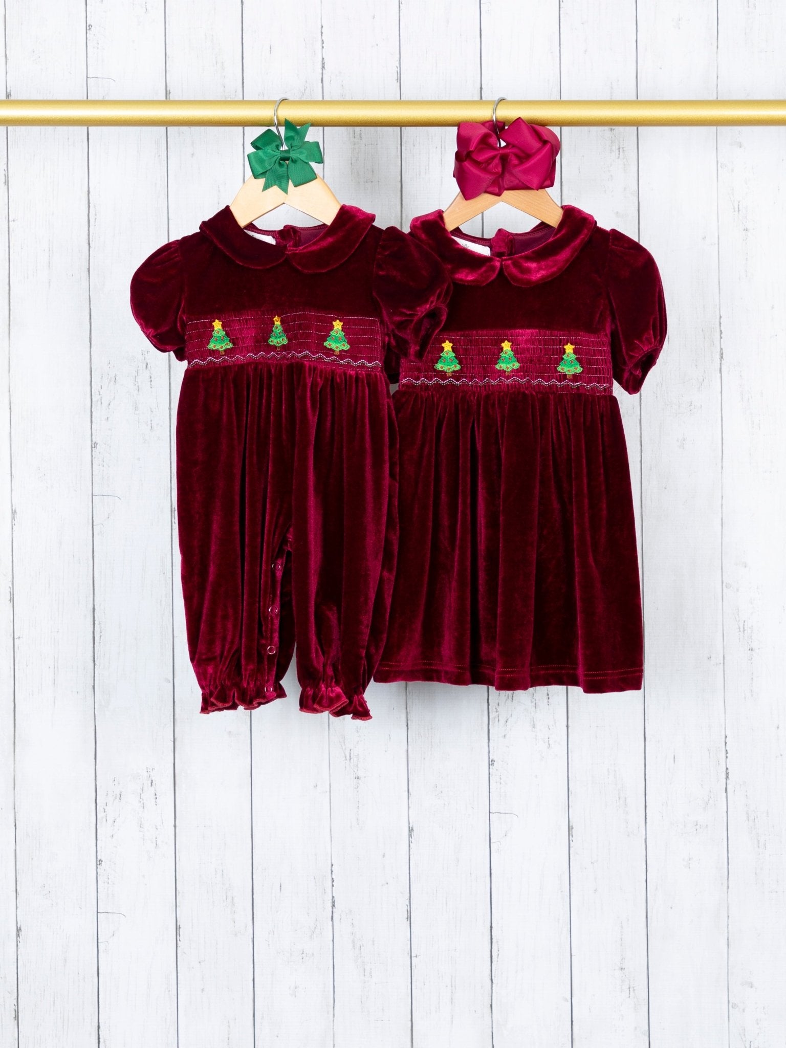 Burgundy Smocked Christmas Tree Romper - Marie Nicole Clothing