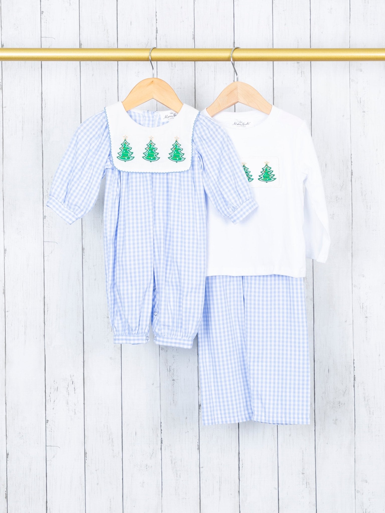 Blue Gingham Christmas Tree Bib Collar Romper - Marie Nicole Clothing