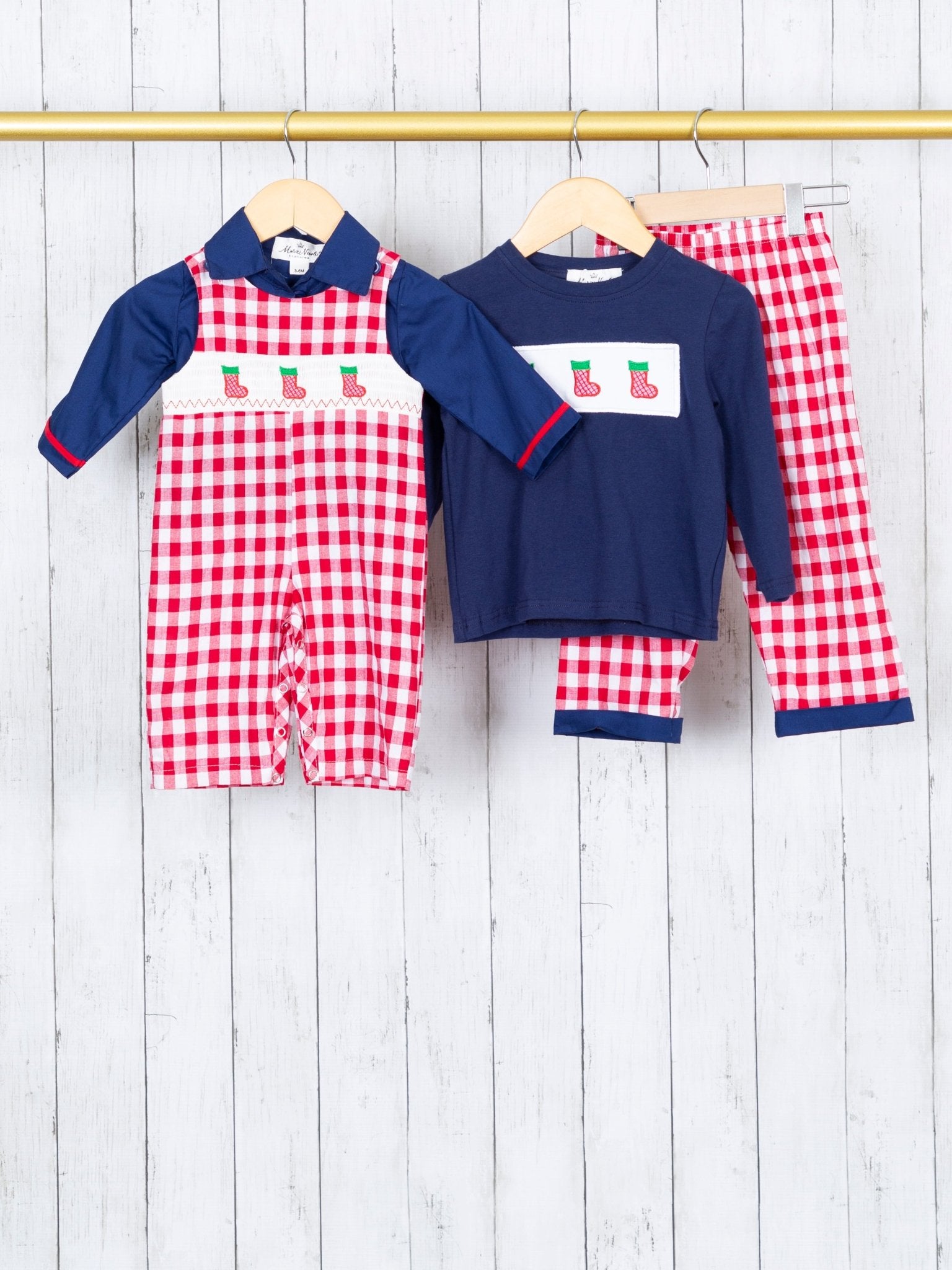 Navy Stocking & Red Gingham Smocked Outfit - Marie Nicole Clothing