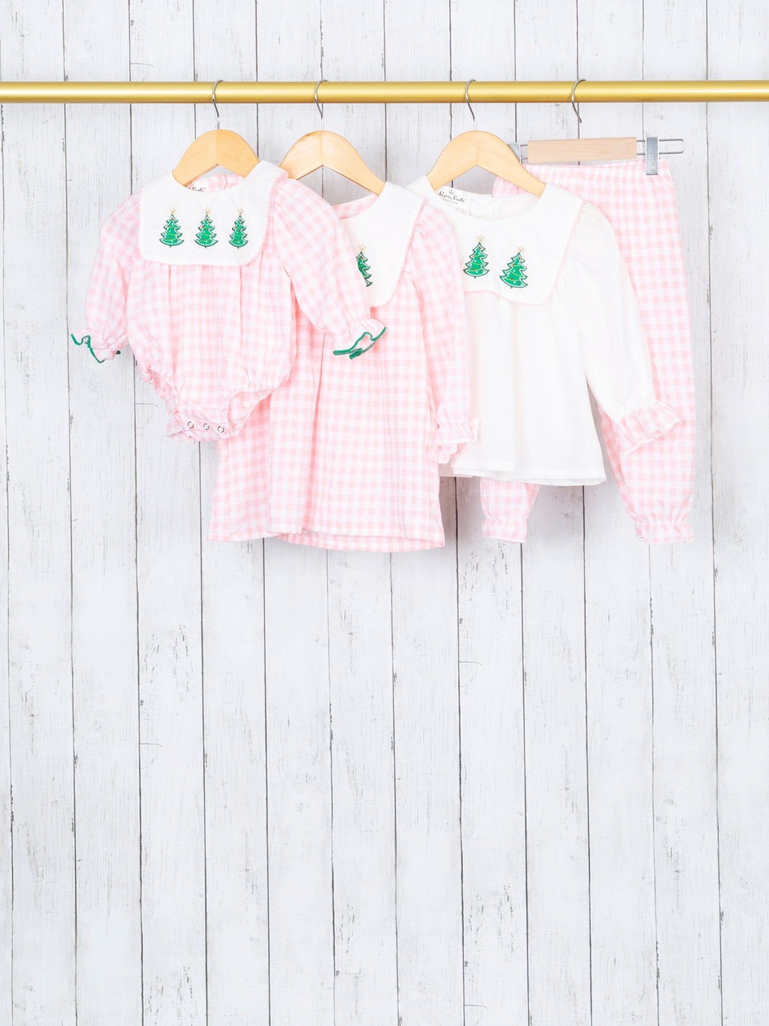 Pink Gingham Christmas Tree Bib Collar Outfit - Marie Nicole Clothing