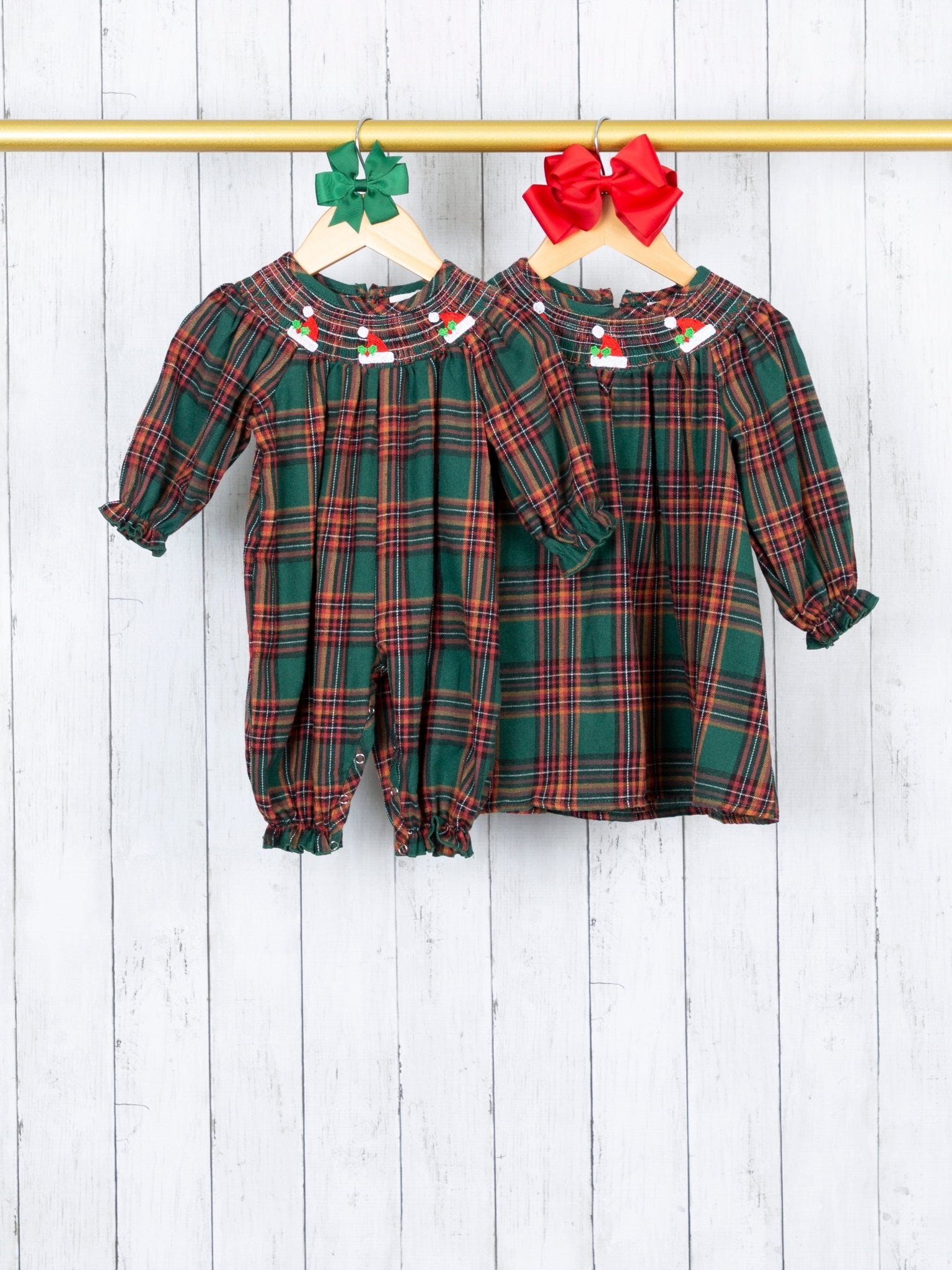Hunter Green Smocked Plaid Santa Hat Romper - Marie Nicole Clothing
