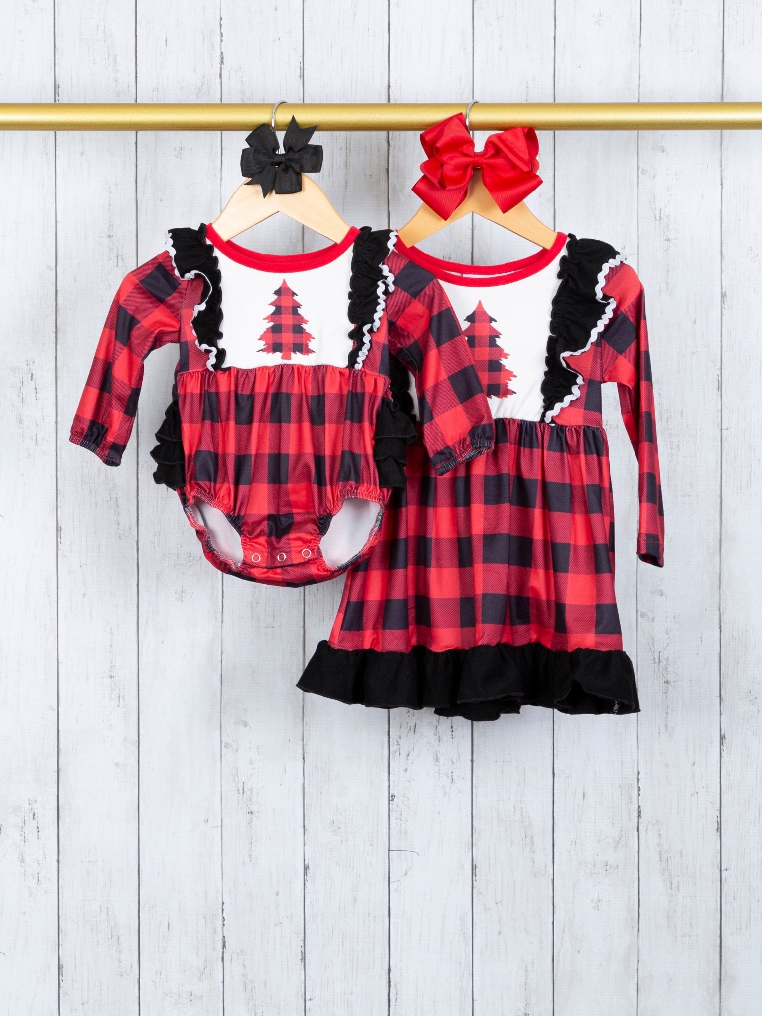Buffalo Plaid Christmas Tree Ruffle Dress - Marie Nicole Clothing