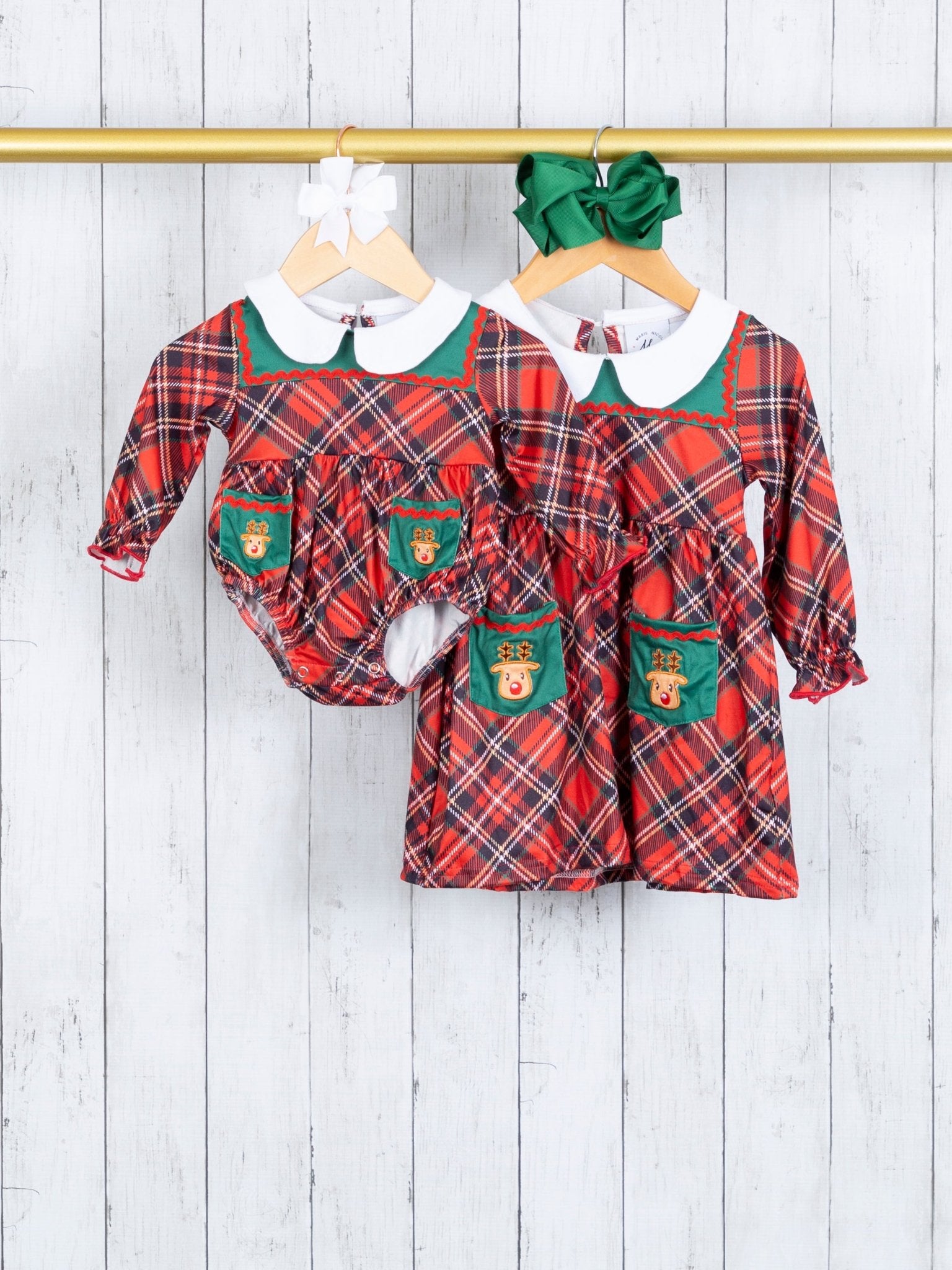 Red Plaid Reindeer Vintage Pocket Romper - Marie Nicole Clothing