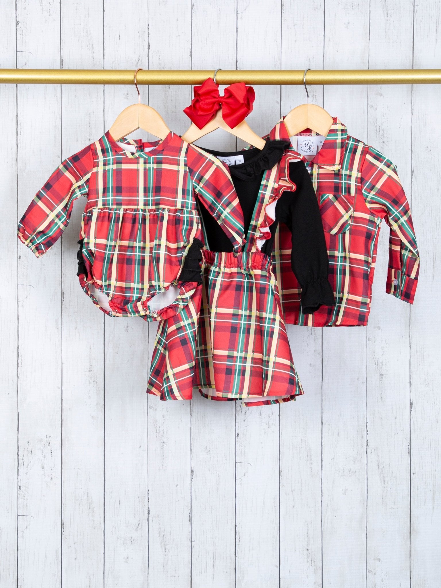 Red & Yellow Plaid Overall Dress Set - Marie Nicole Clothing