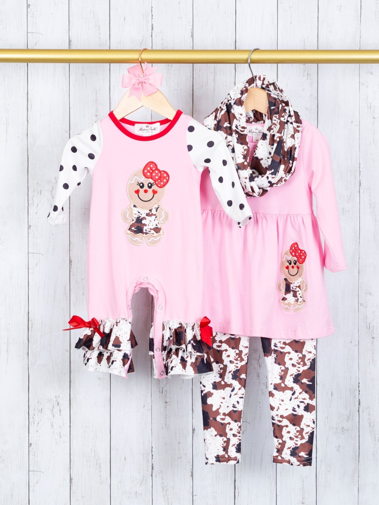 Pink Gingerbread Cow Print Ruffle Romper - Marie Nicole Clothing