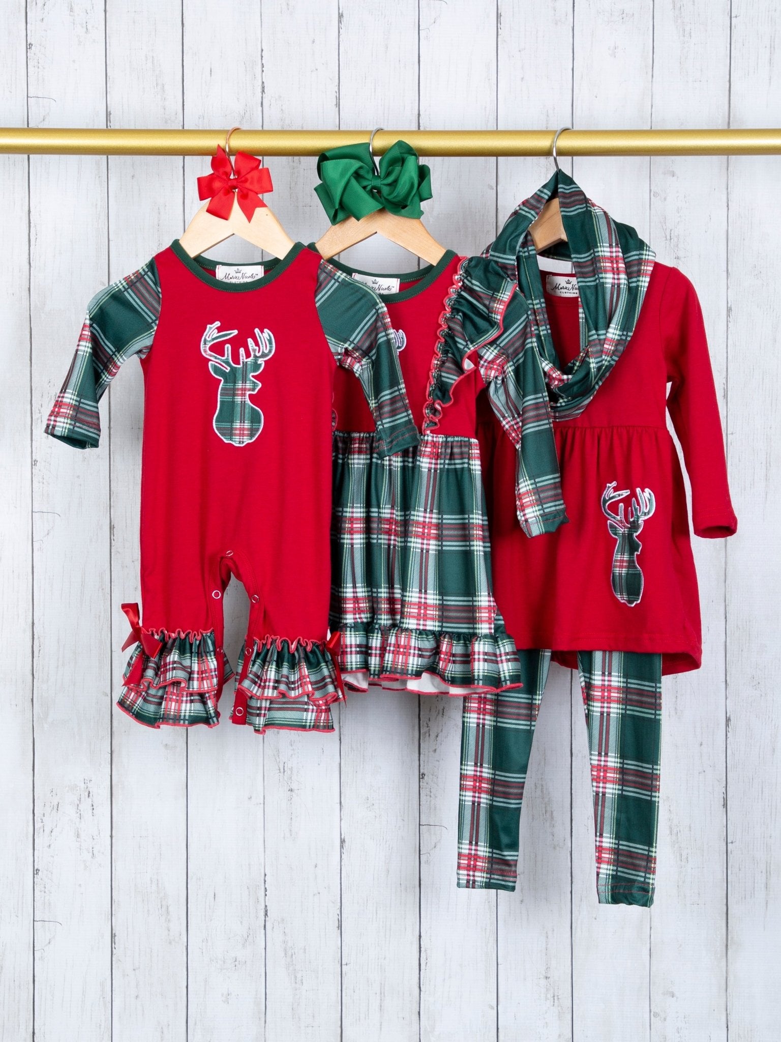 Hunter Green Plaid Reindeer Ruffle Dress - Marie Nicole Clothing