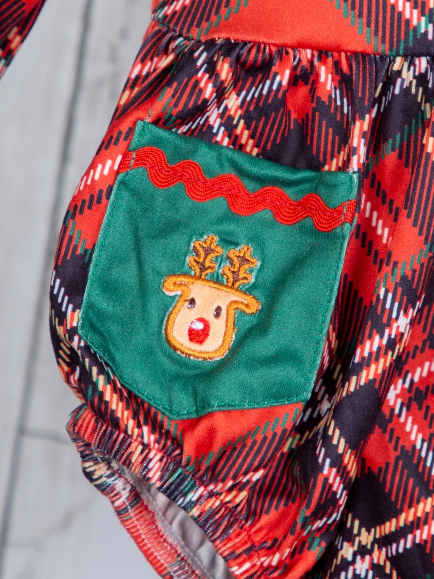 Red Plaid Reindeer Vintage Pocket Romper - Marie Nicole Clothing