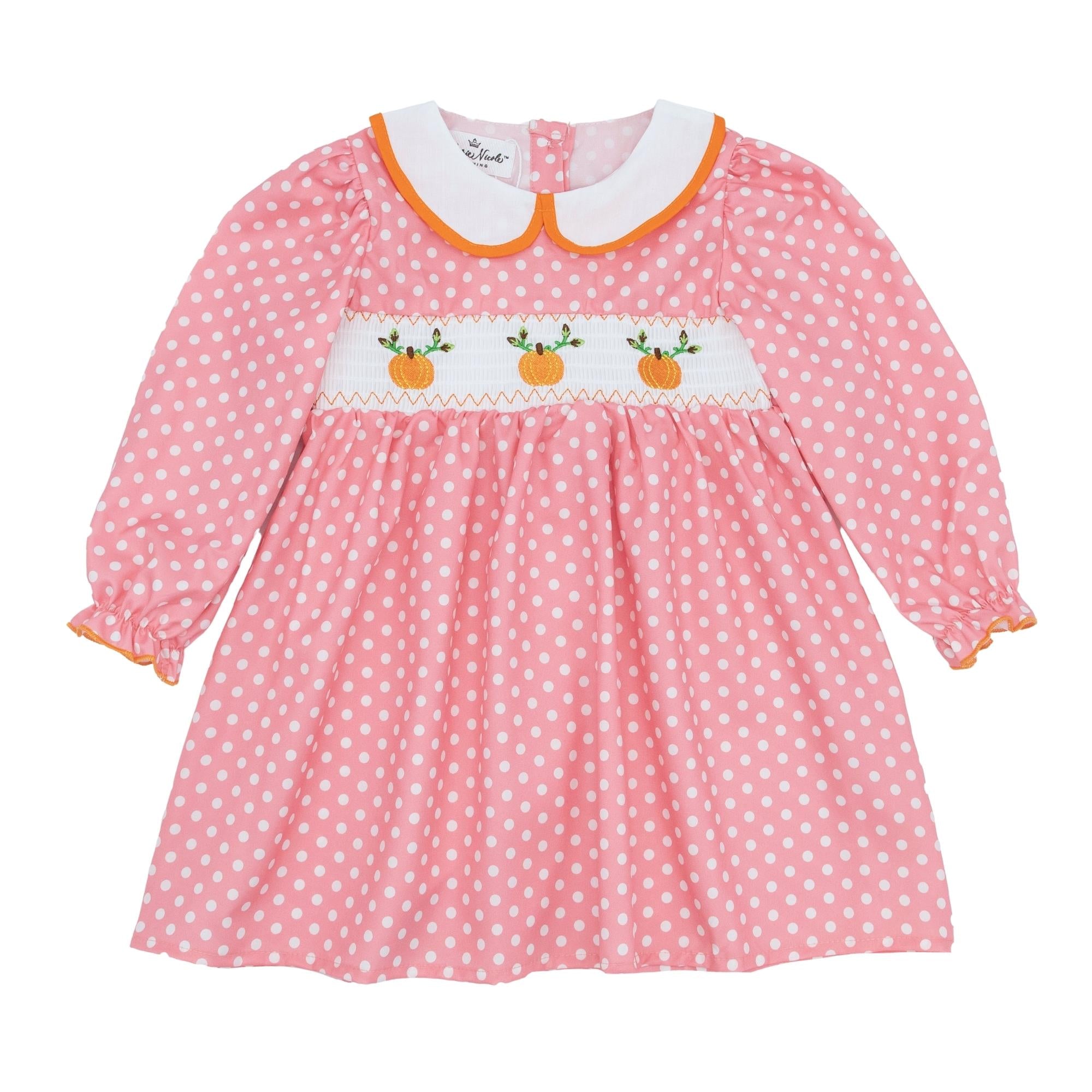 Pink Polka Dotted Smocked Pumpkin Dress - Marie Nicole Clothing