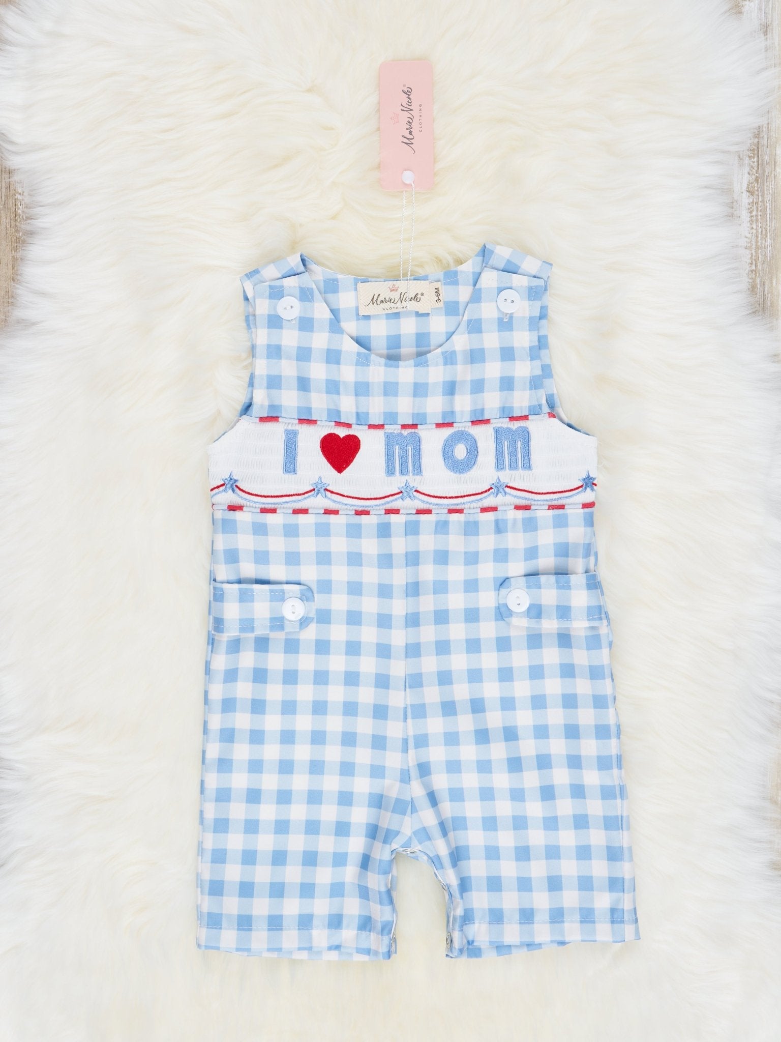 Gingham "I Love Mom" Smocked Johnny - Marie Nicole Clothing
