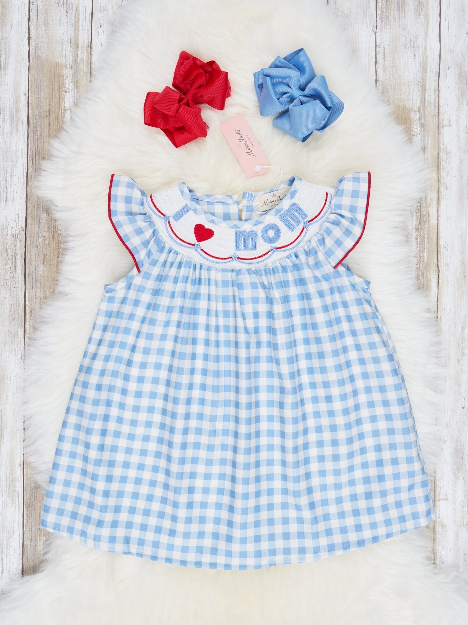 Gingham "I Love Mom" Smocked Dress - Marie Nicole Clothing